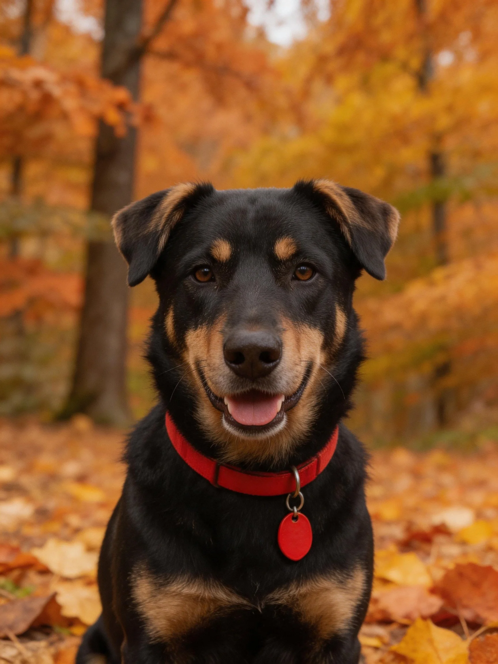 A black and tan dog with a red collar sits amid autumn leaves