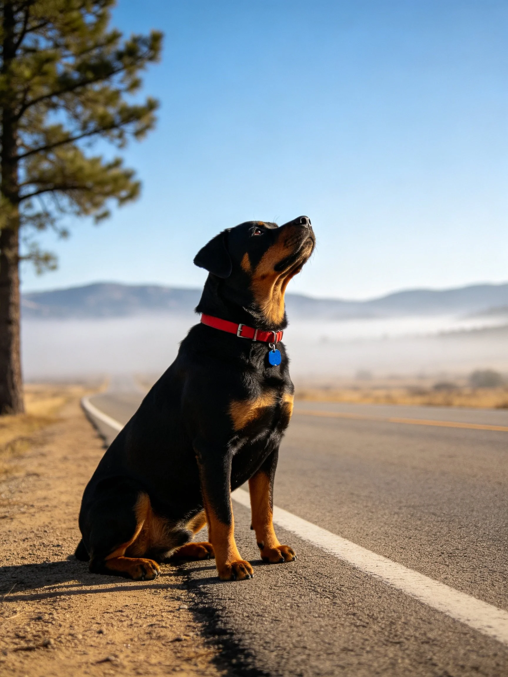 A black and tan dog with a red collar sits by a roadside near pine trees