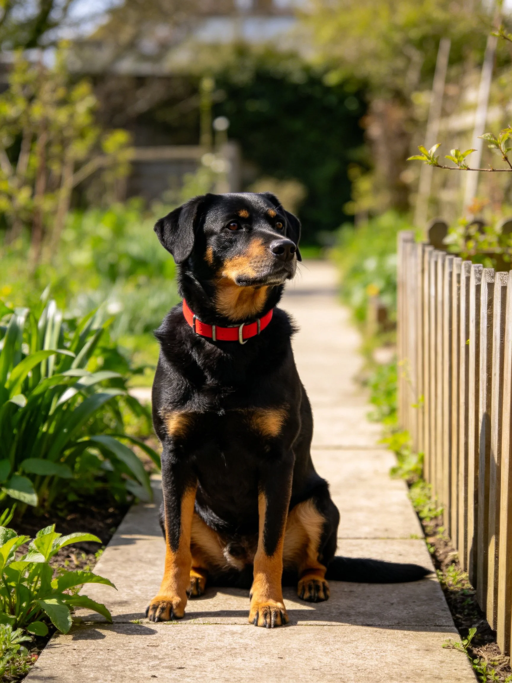 A black and tan dog with a red collar sits on a garden path beside a wooden fence