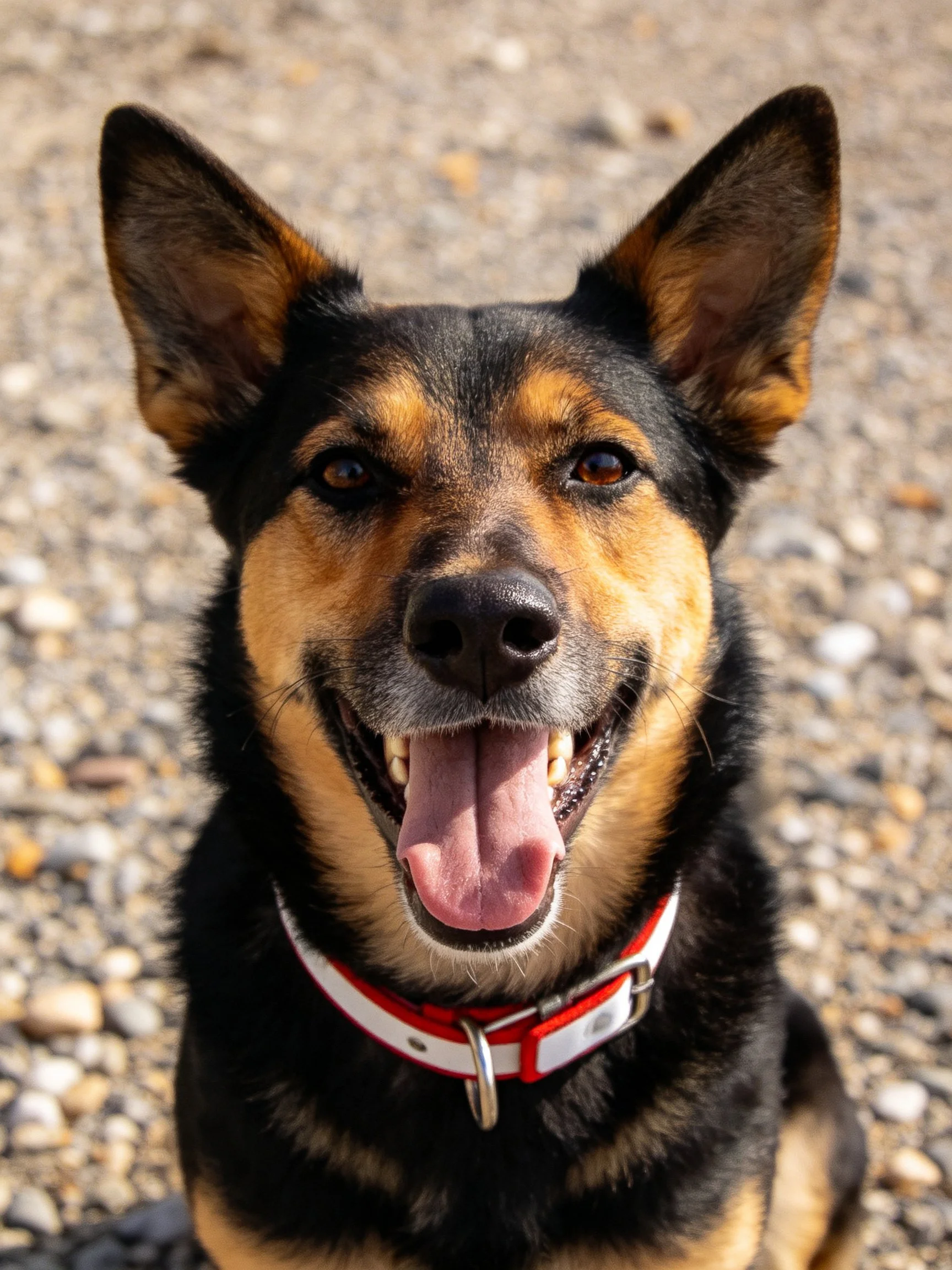 A cheerful black and tan dog with a red collar sits on gravel.