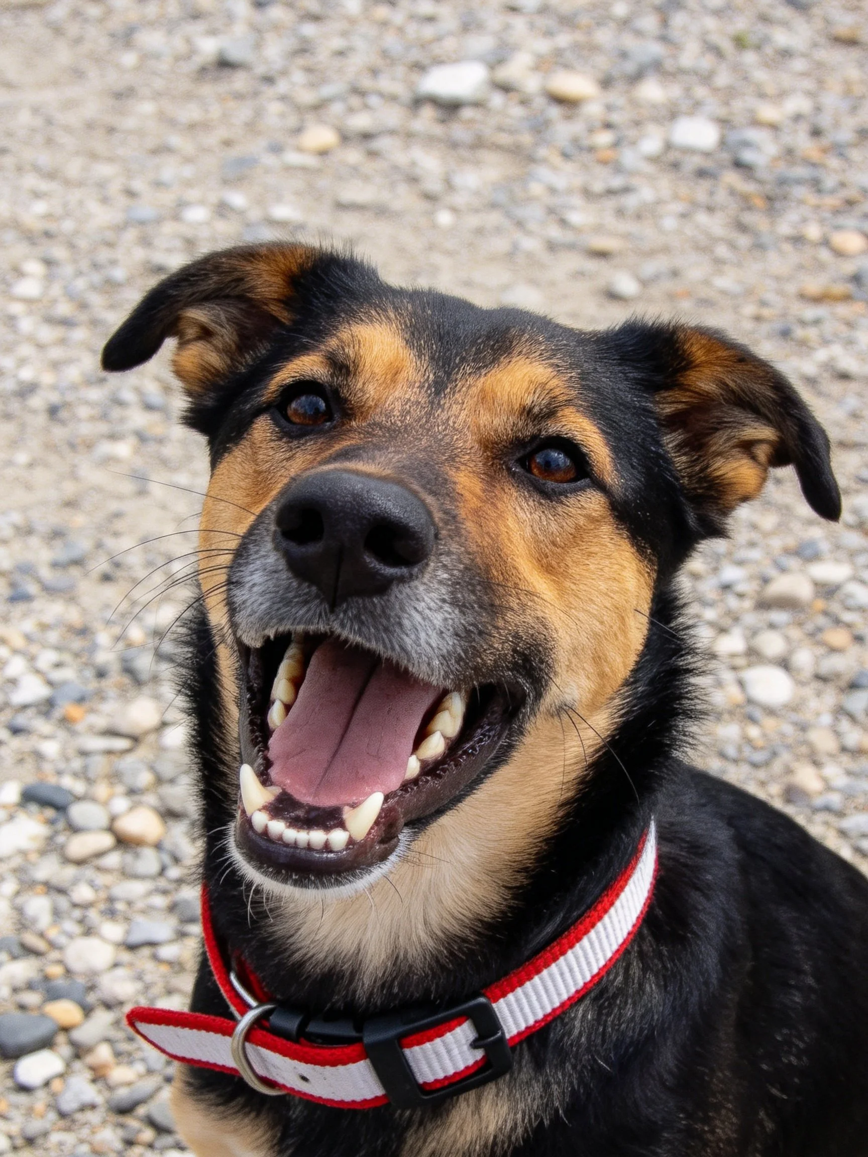 A black and tan dog with a red/white collar on gravel