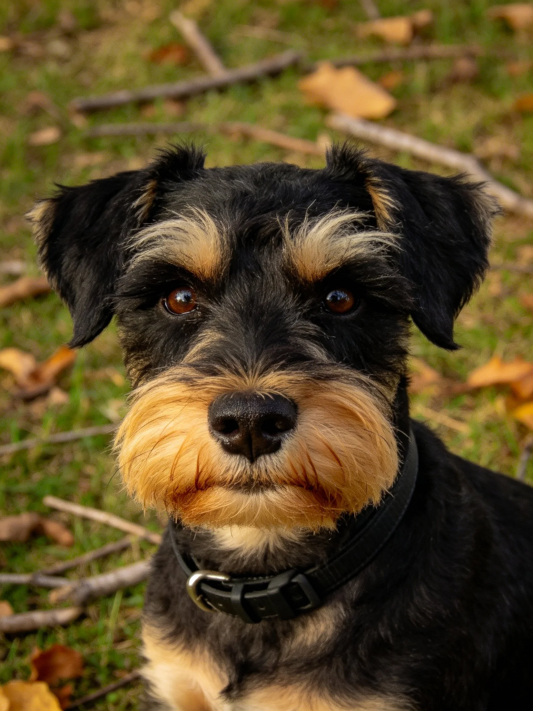 A black and tan dog sits calmly among grass, leaves, and twigs in an outdoor setting.