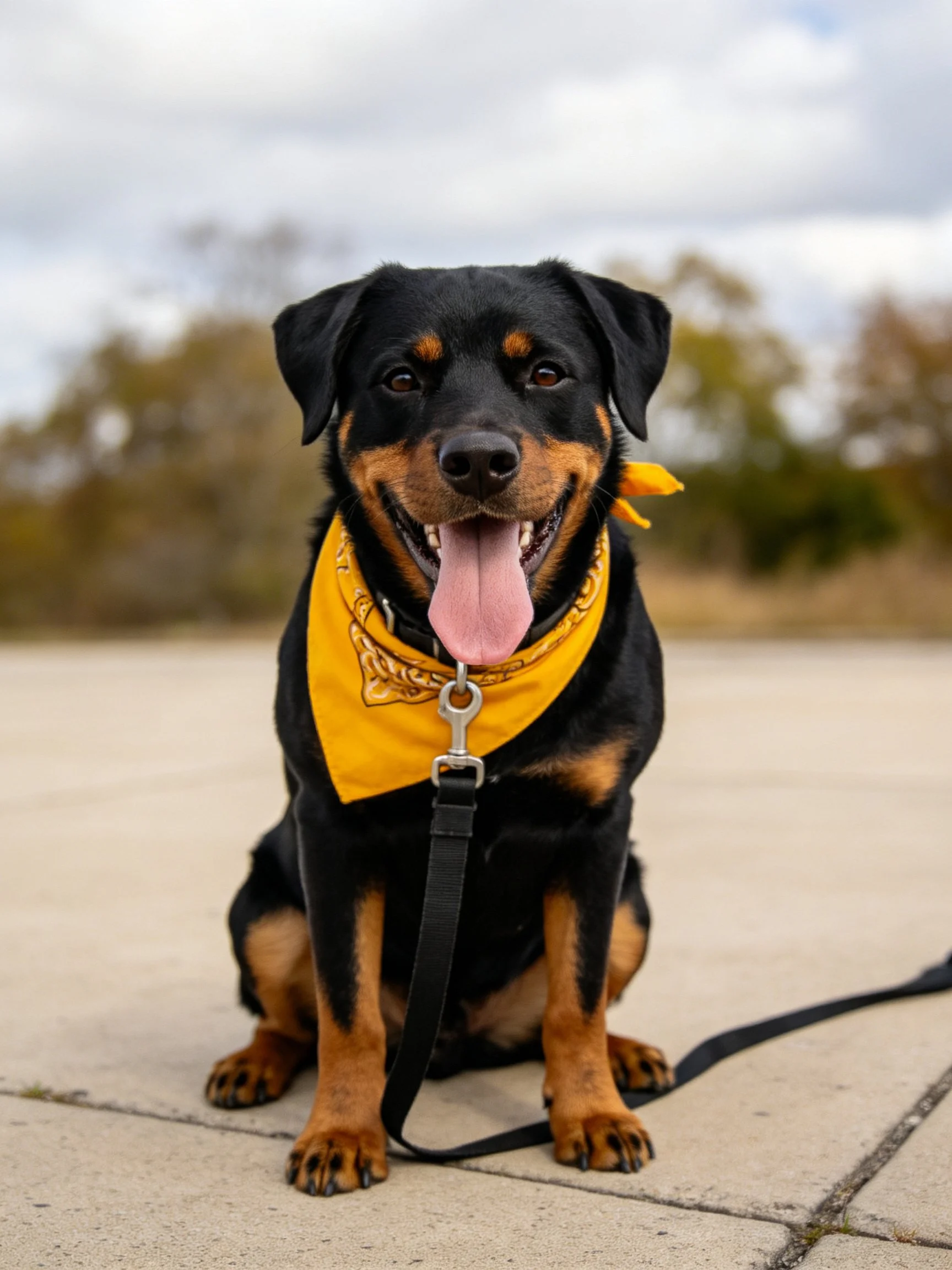 A black and tan dog with a yellow bandana sits calmly on pavement.