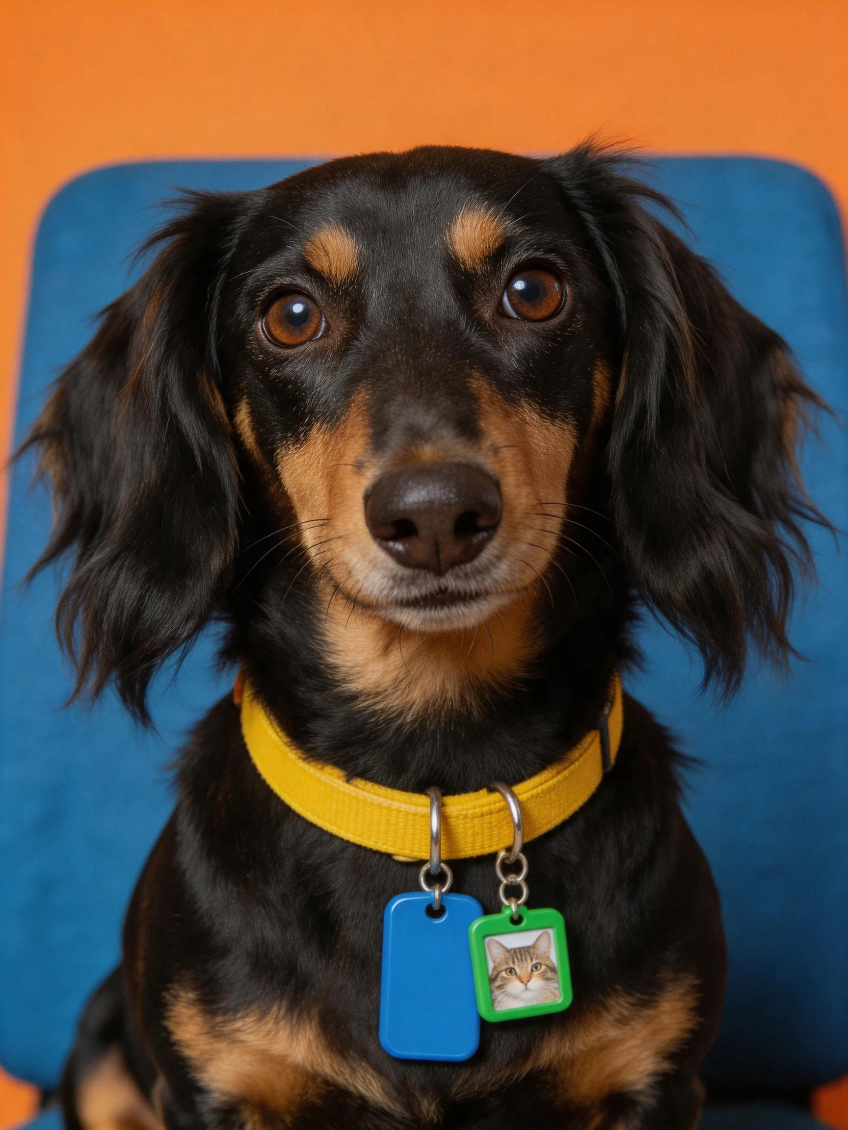 A black and tan dog with a yellow collar sits against orange and blue, wearing blue and green tags.