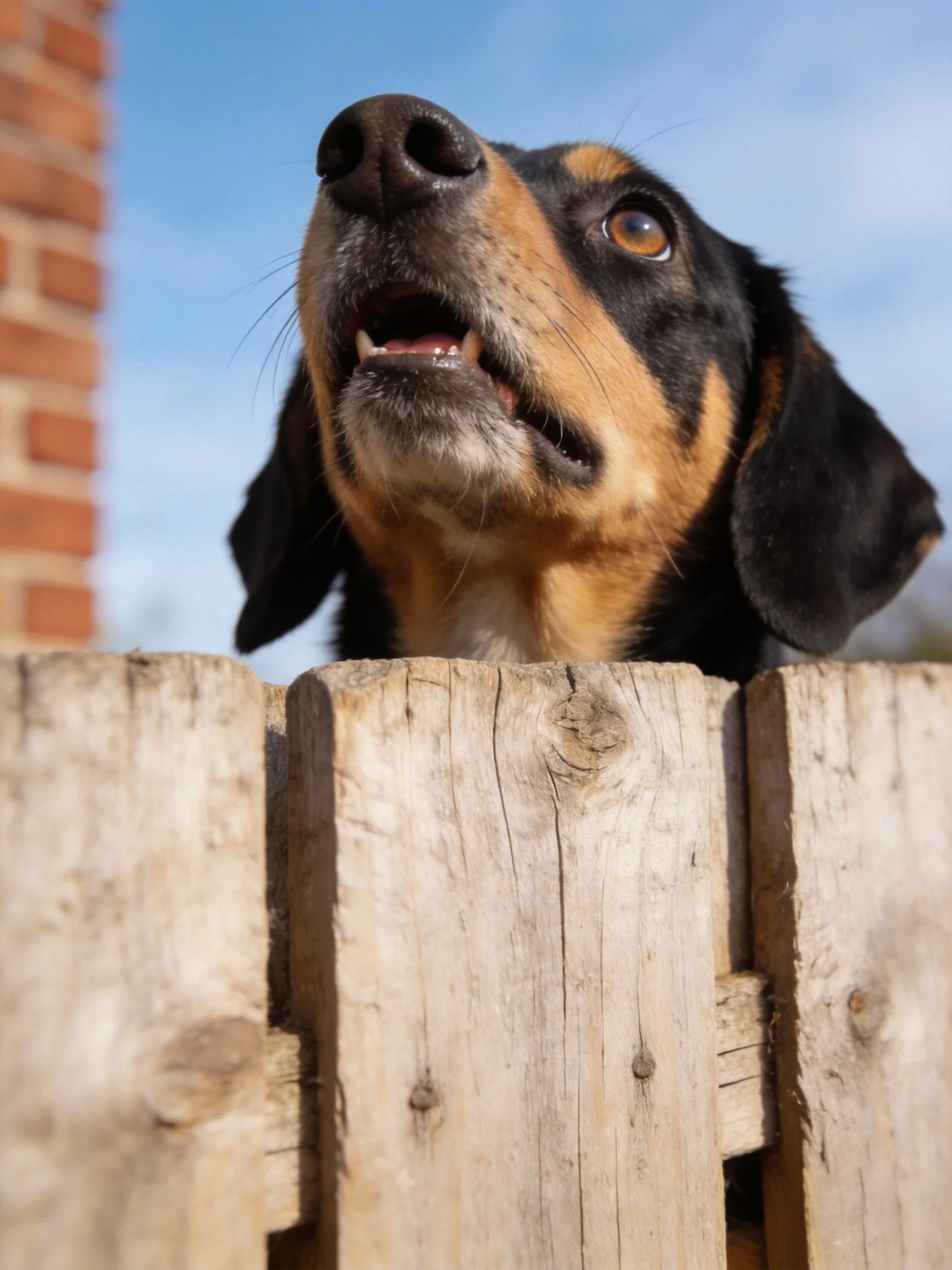 A black and tan dog looks upward from behind a weathered wooden fence.