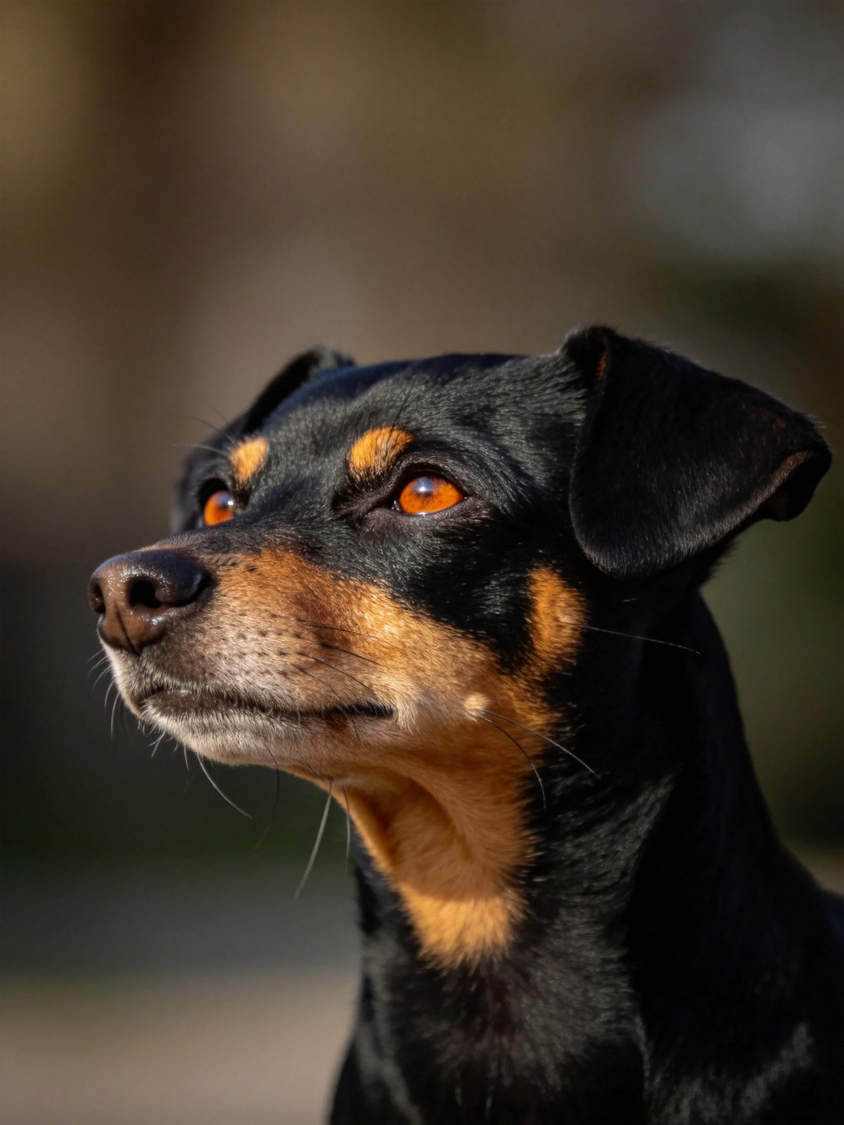 A black and tan dog gazes thoughtfully into the distance.
