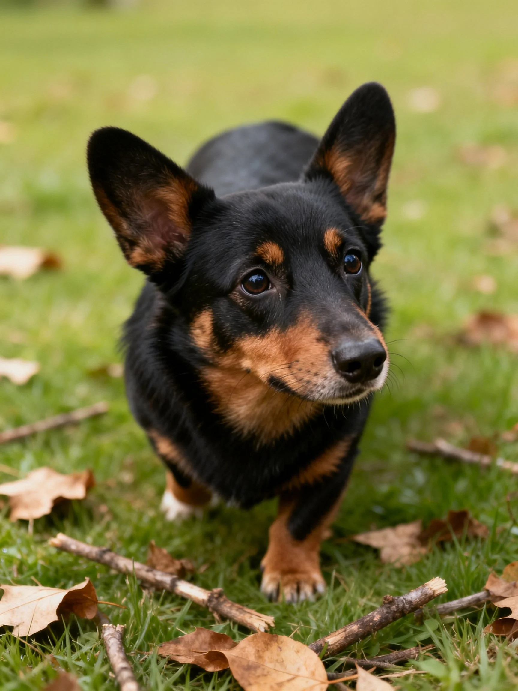 A black and tan dog stands on grass surrounded by leaves and twigs