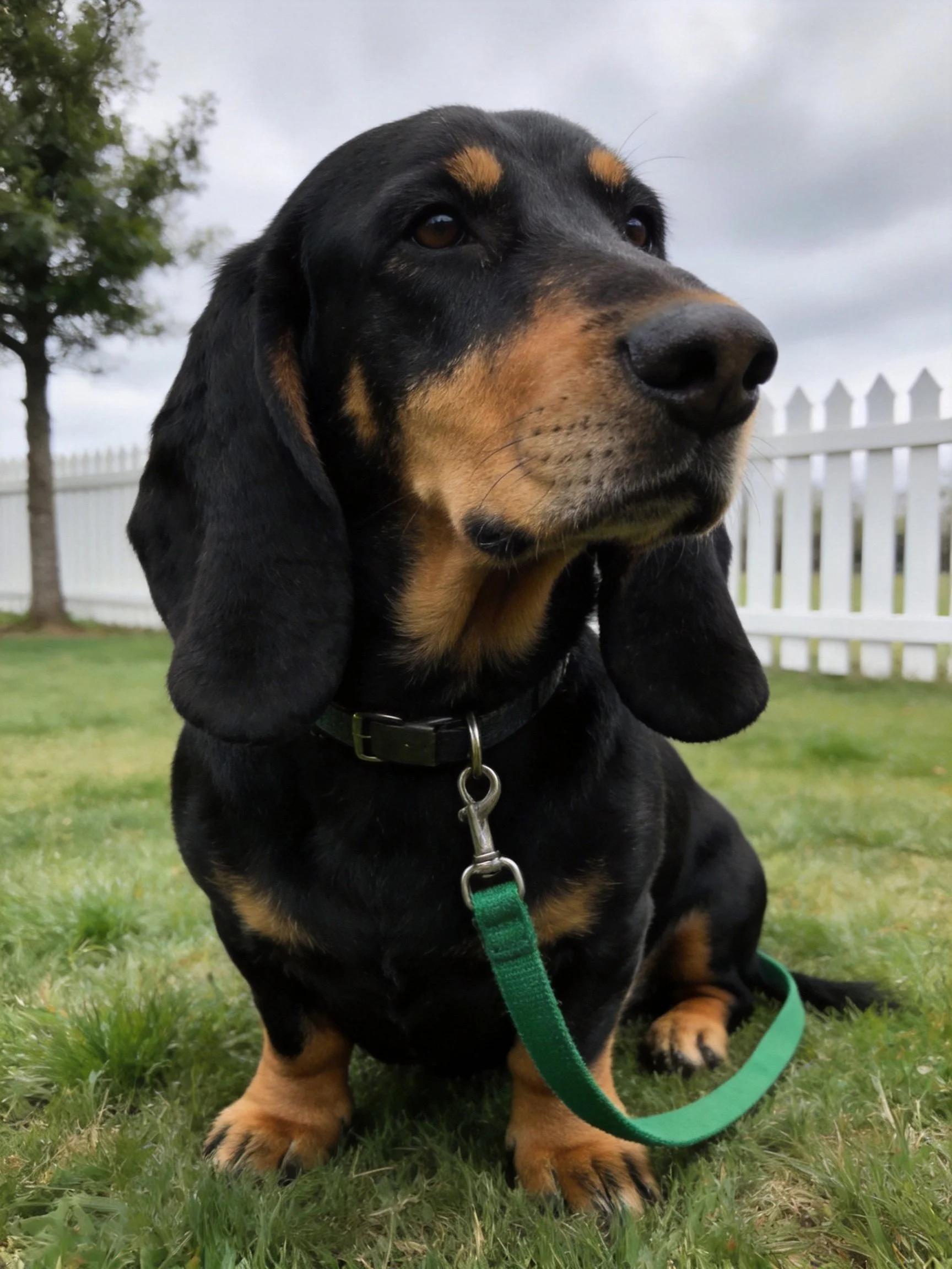 A black and tan dog with long ears sits on grass near a white fence