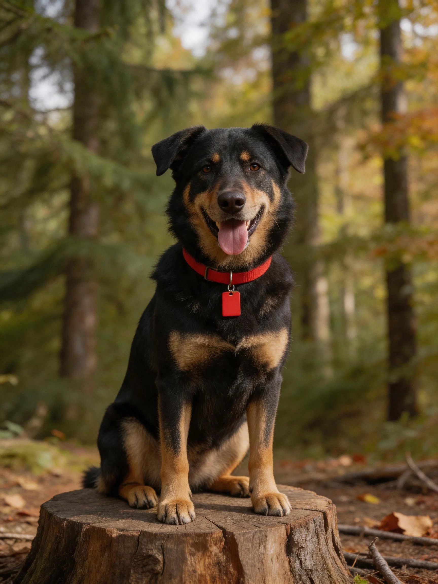 A black and tan dog wearing a red collar sits on a tree stump in a forest
