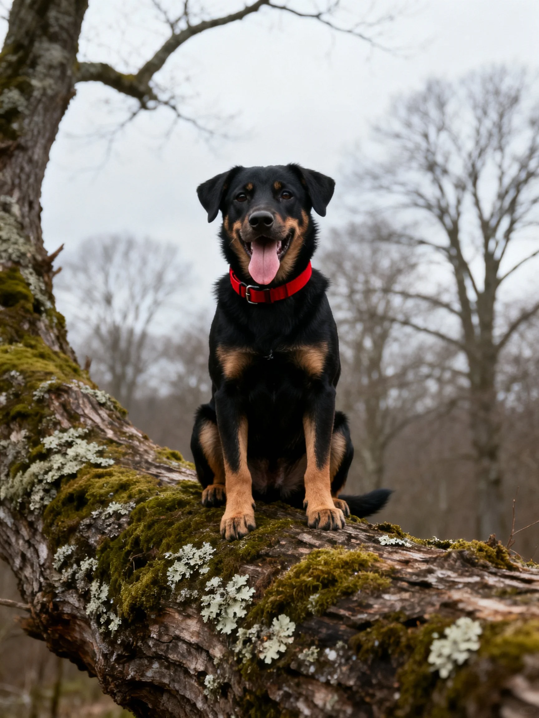 A black and tan dog with a redcollar sits on a mossy tree branch in a wooded area.