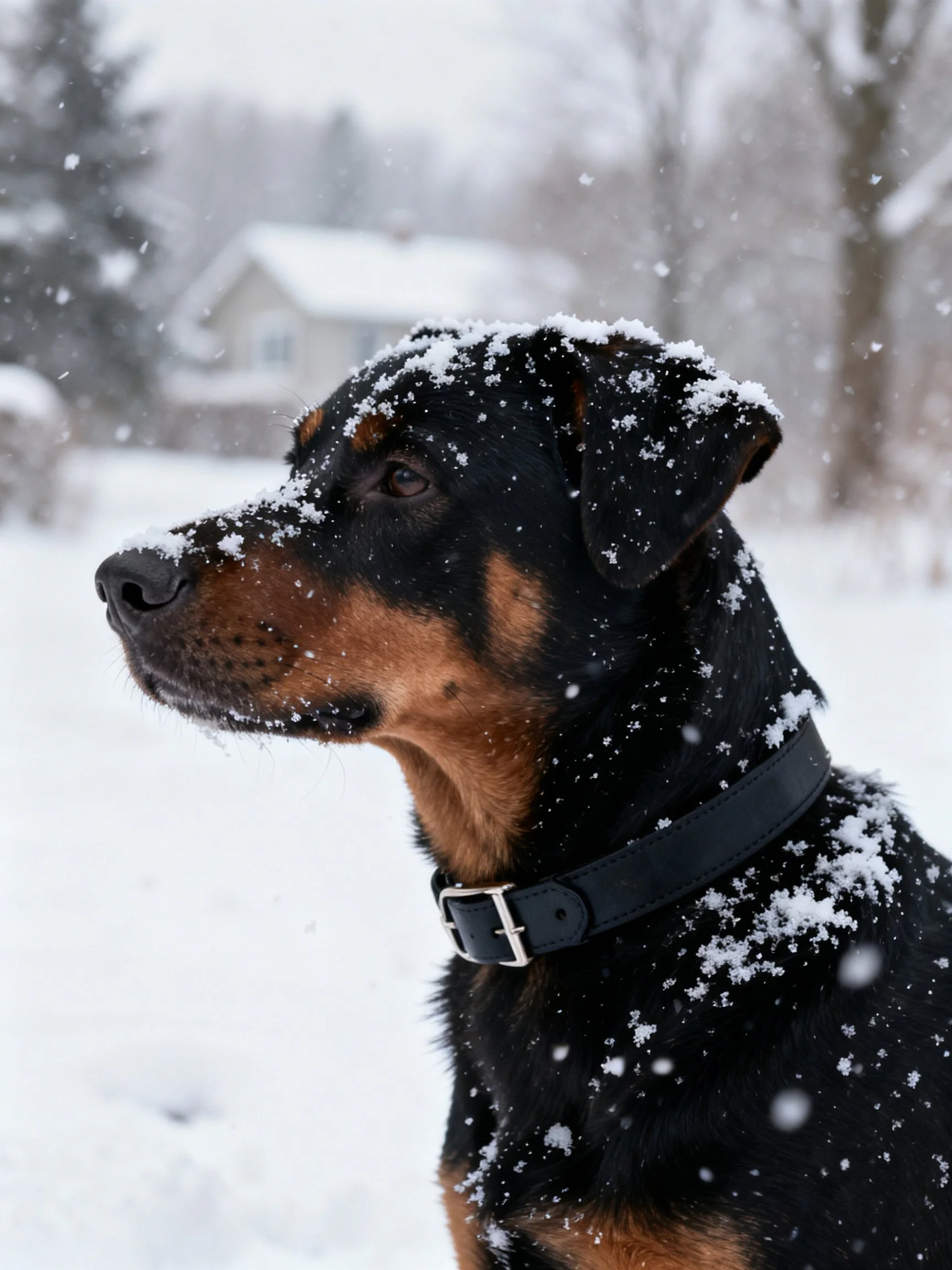 A black and tan dog with snow on its coat in a snowy landscape