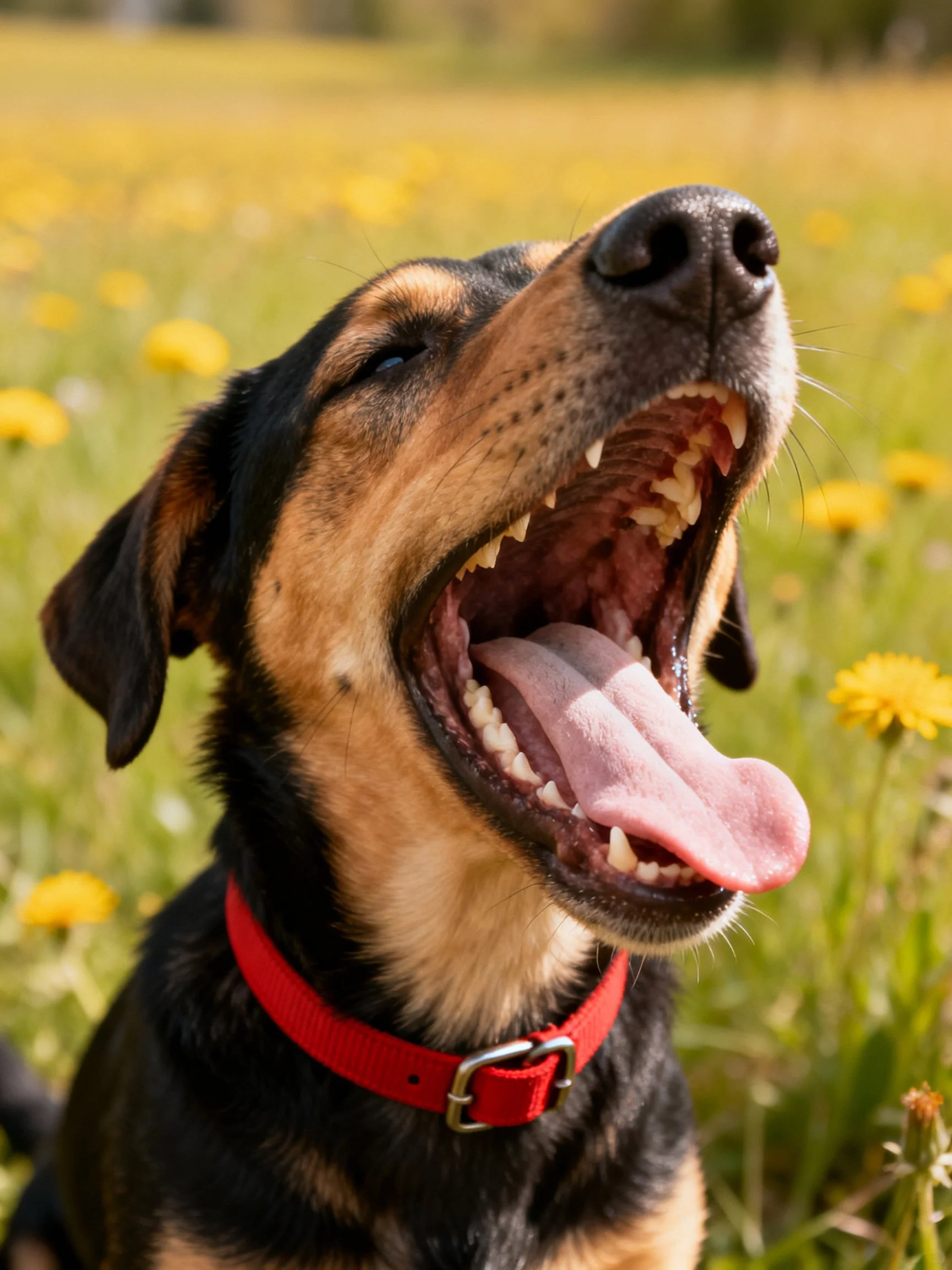 A black and tan dog yawns in a field of yellow flowers