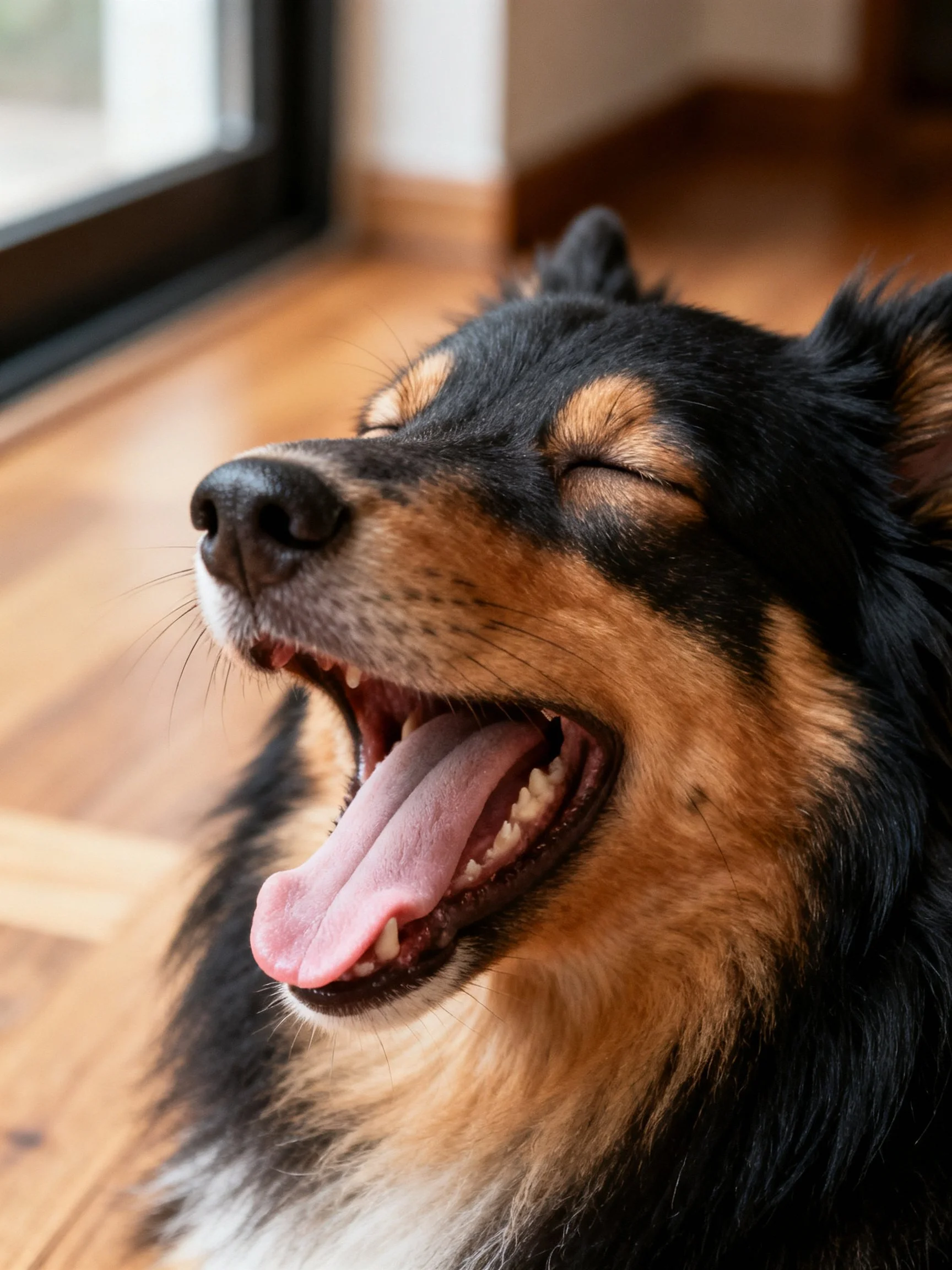 A black and tan dog yawns with eyes closed near a glass door