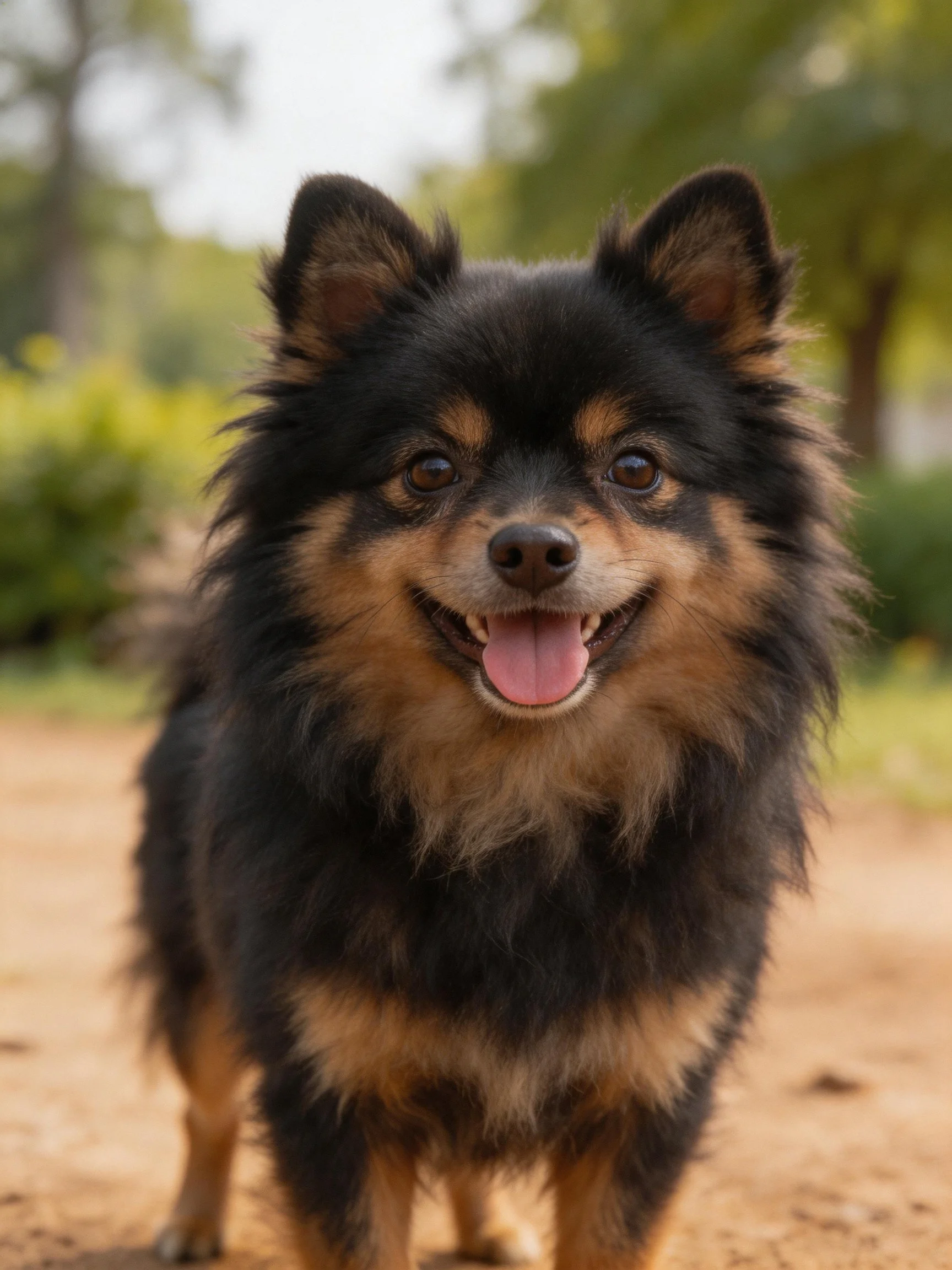 A black and tan fluffy dog on a dirt path