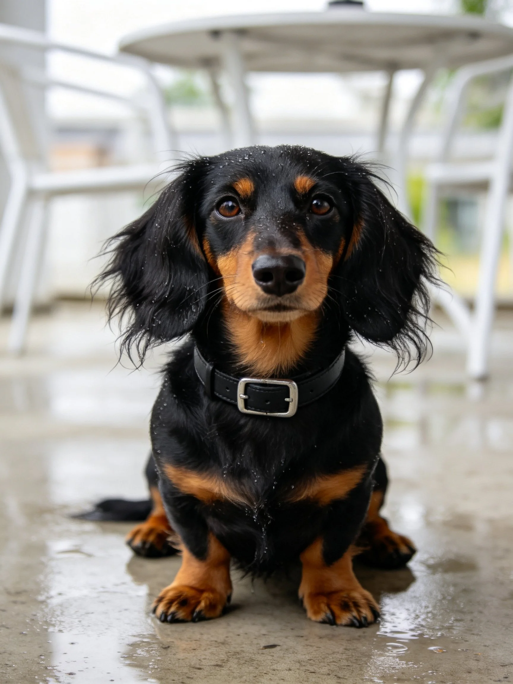 A black and tan long-haired dachshund sits on a wet outdoor patio.