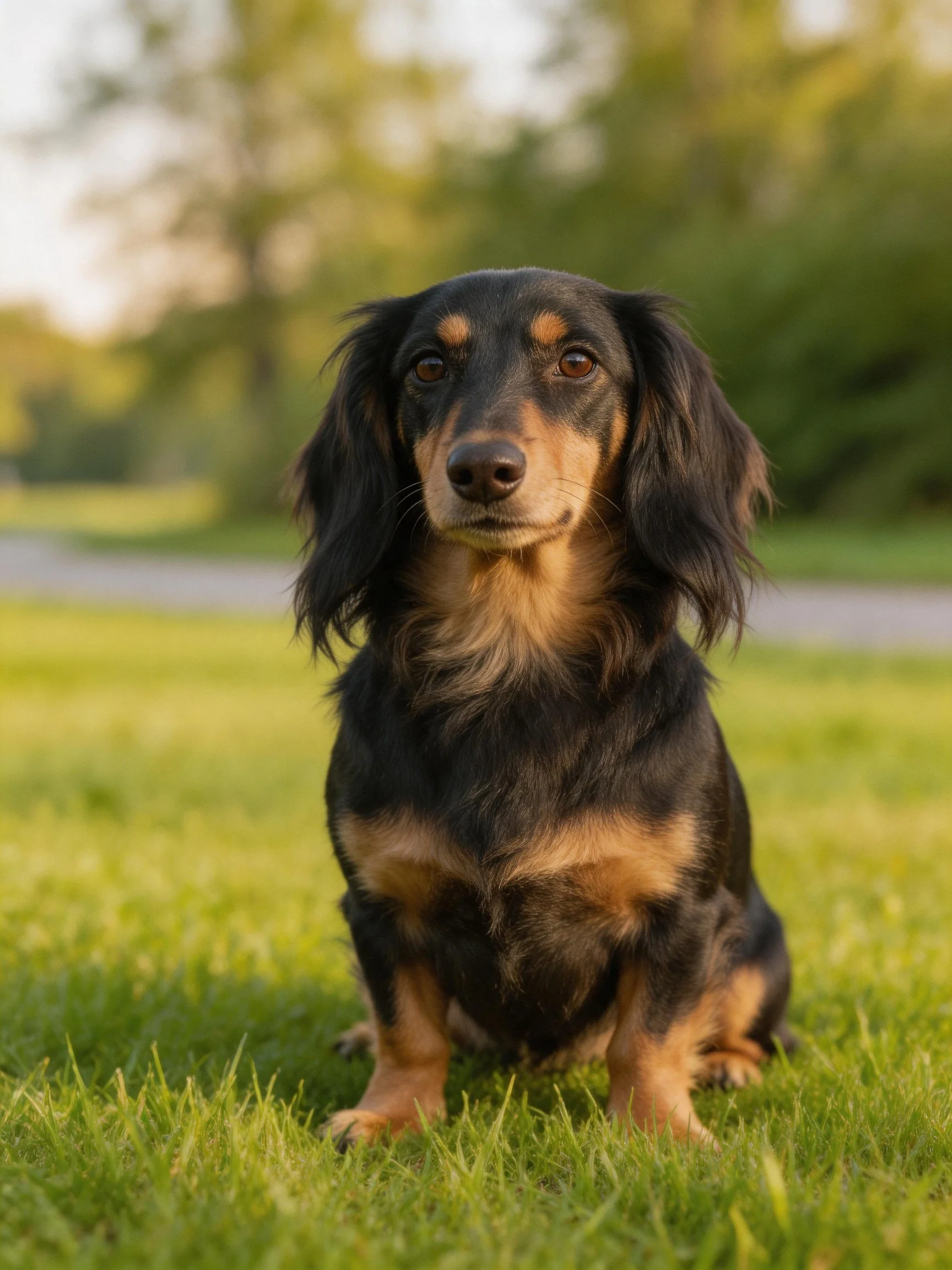 A black and tan long-haired dachshund sits on lush green grass