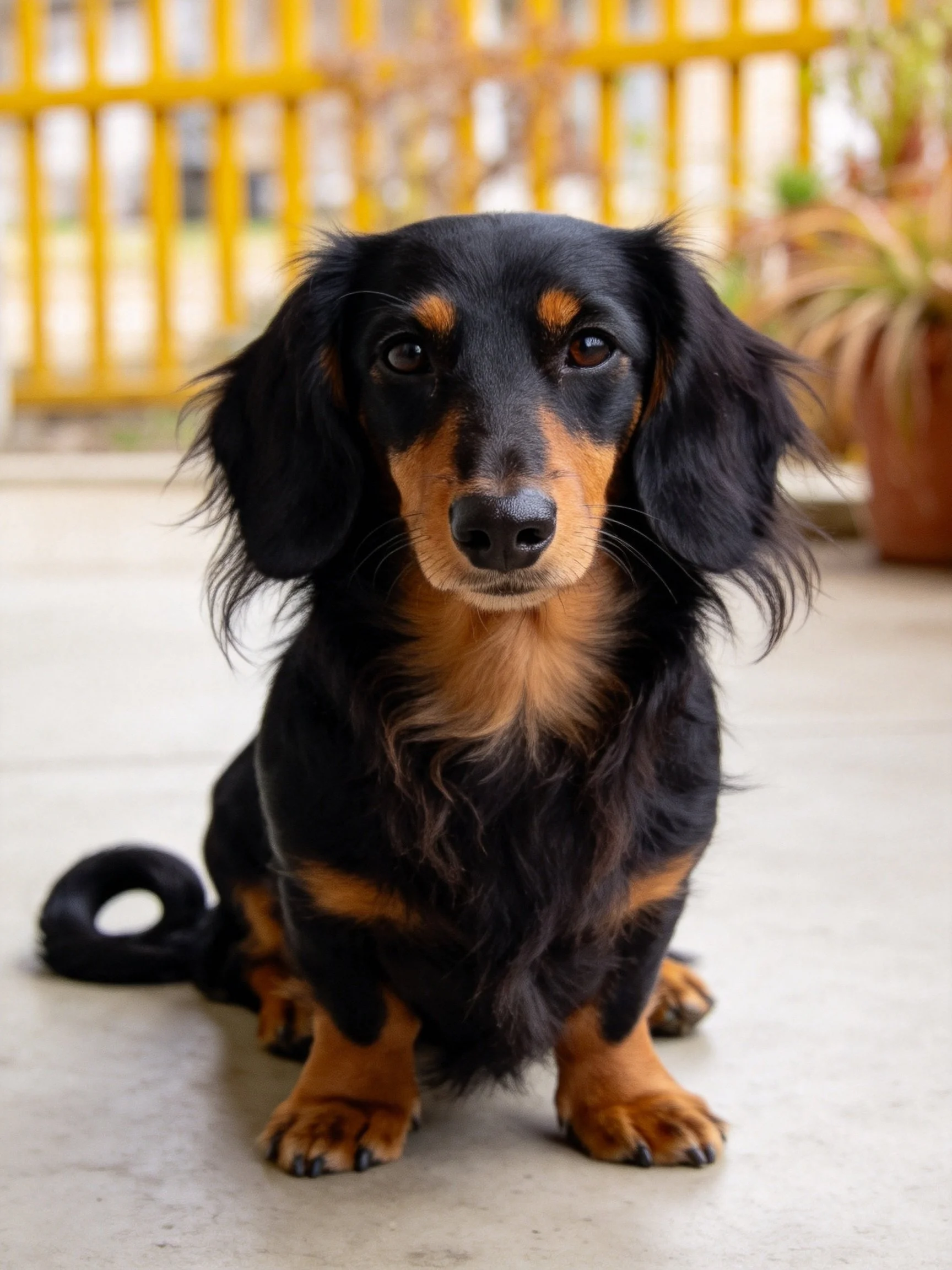 A black and tan long-haired dachshund sitting on a concrete patio