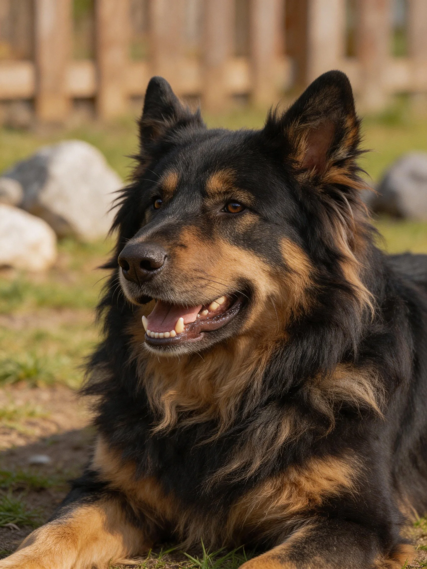 A black and tan dog relaxes in an outdoor area with rocks and a wooden fence.
