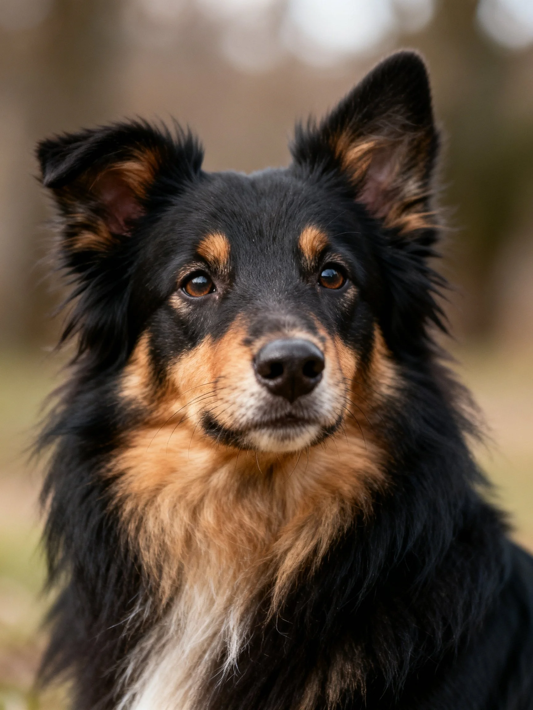A close - up of a black and tan long - haired dog outdoors with upright ears.