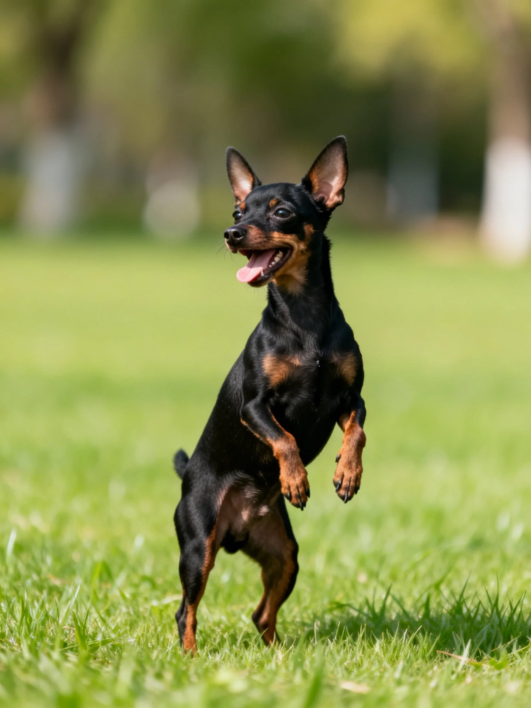 A black and tan dog joyfully jumps on a grassy field.
