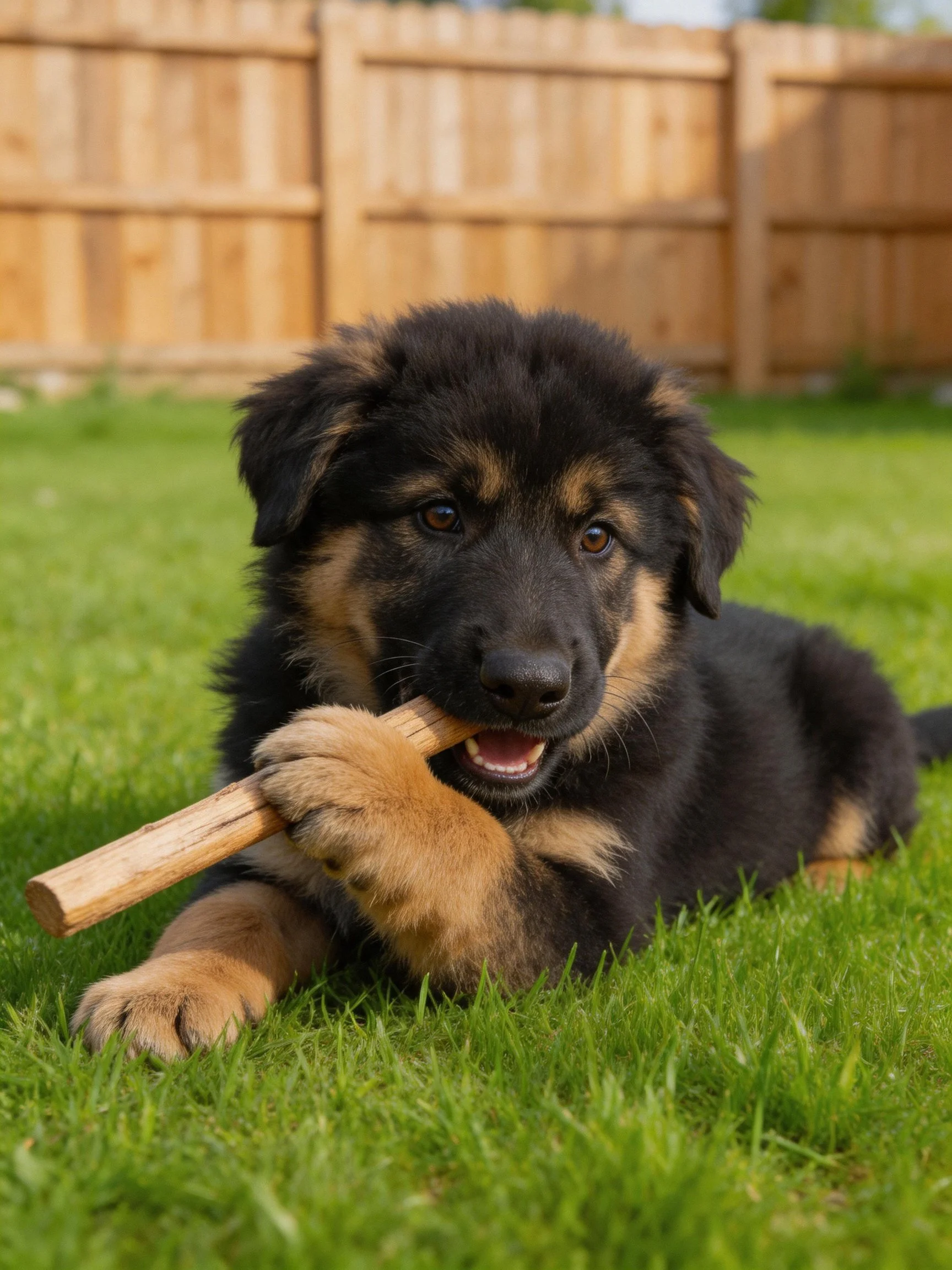 A black and tan puppy chewing a wooden stick on green grass