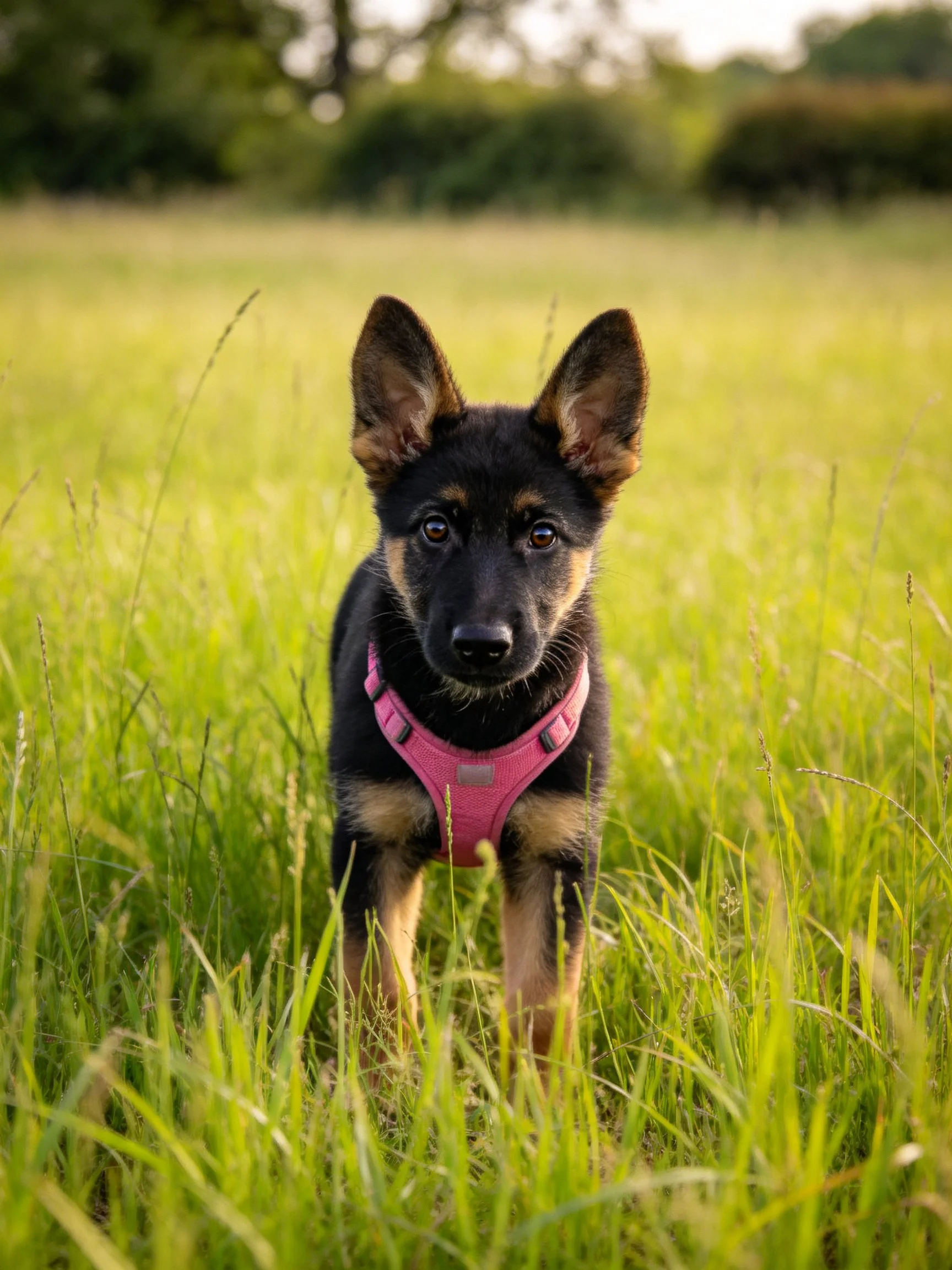 A young German Shepherd puppy in a pink harness stands in a sunlit grassy area