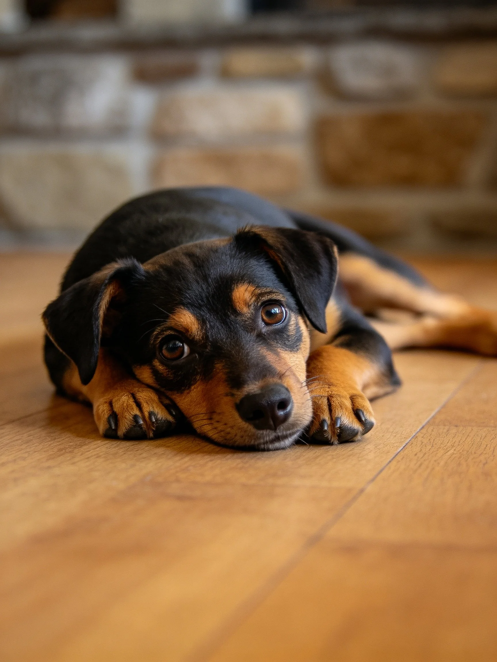 A black and tan puppy lies on a wooden floor near a stone wall