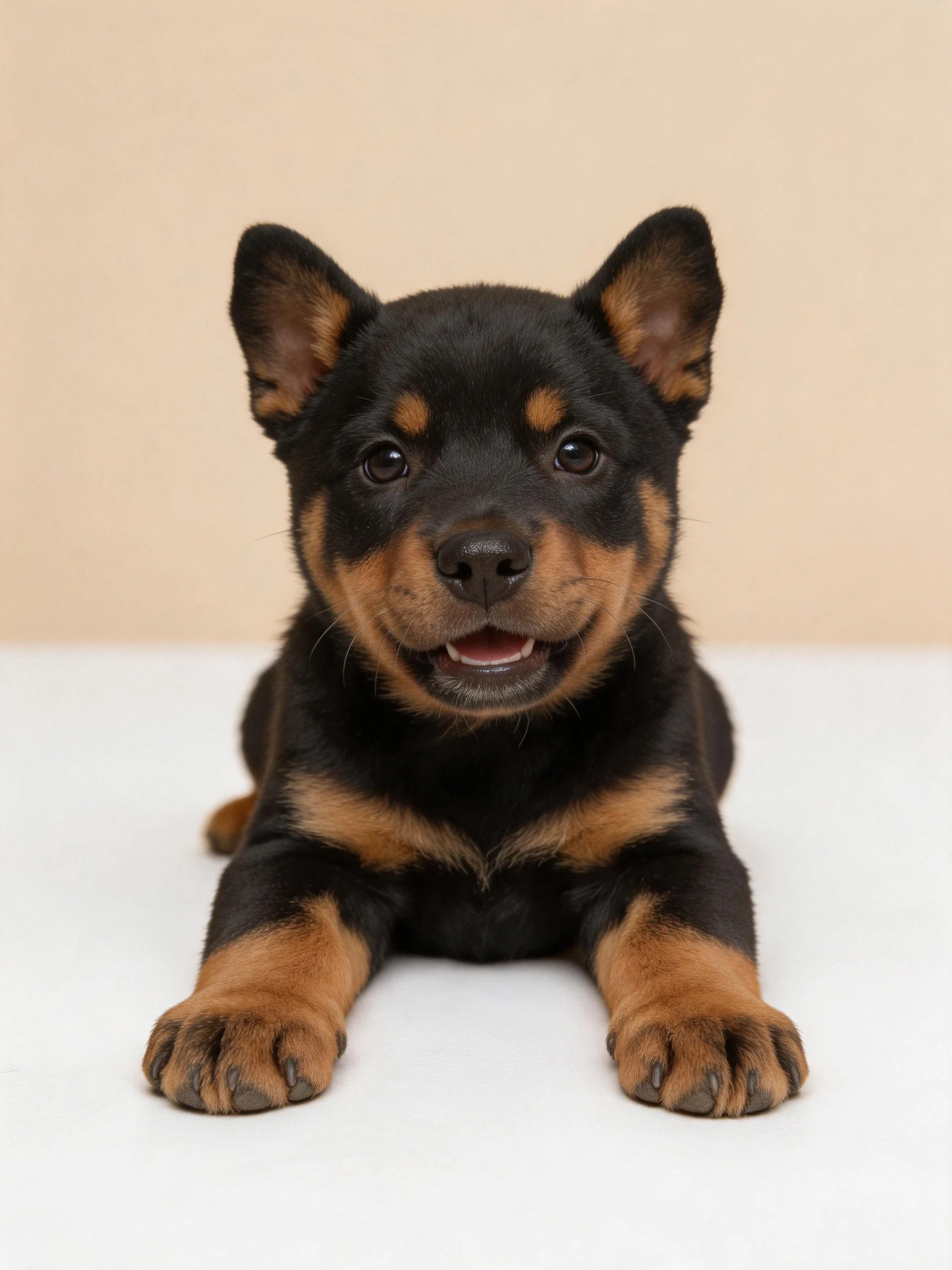 A black and tan puppy lies with extended front paws