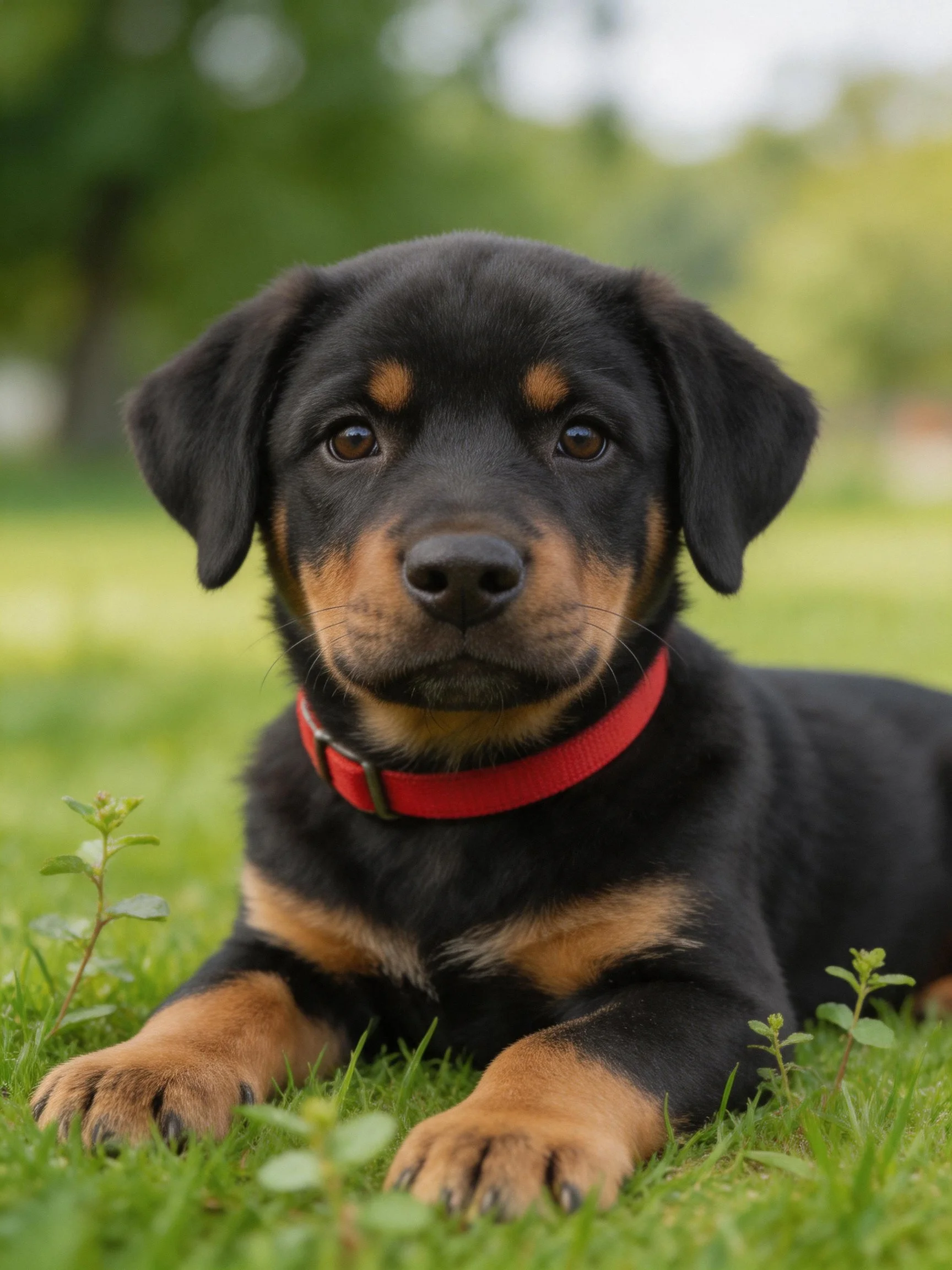 A young black and tan dog rests calmly on green grass wearing a red collar.