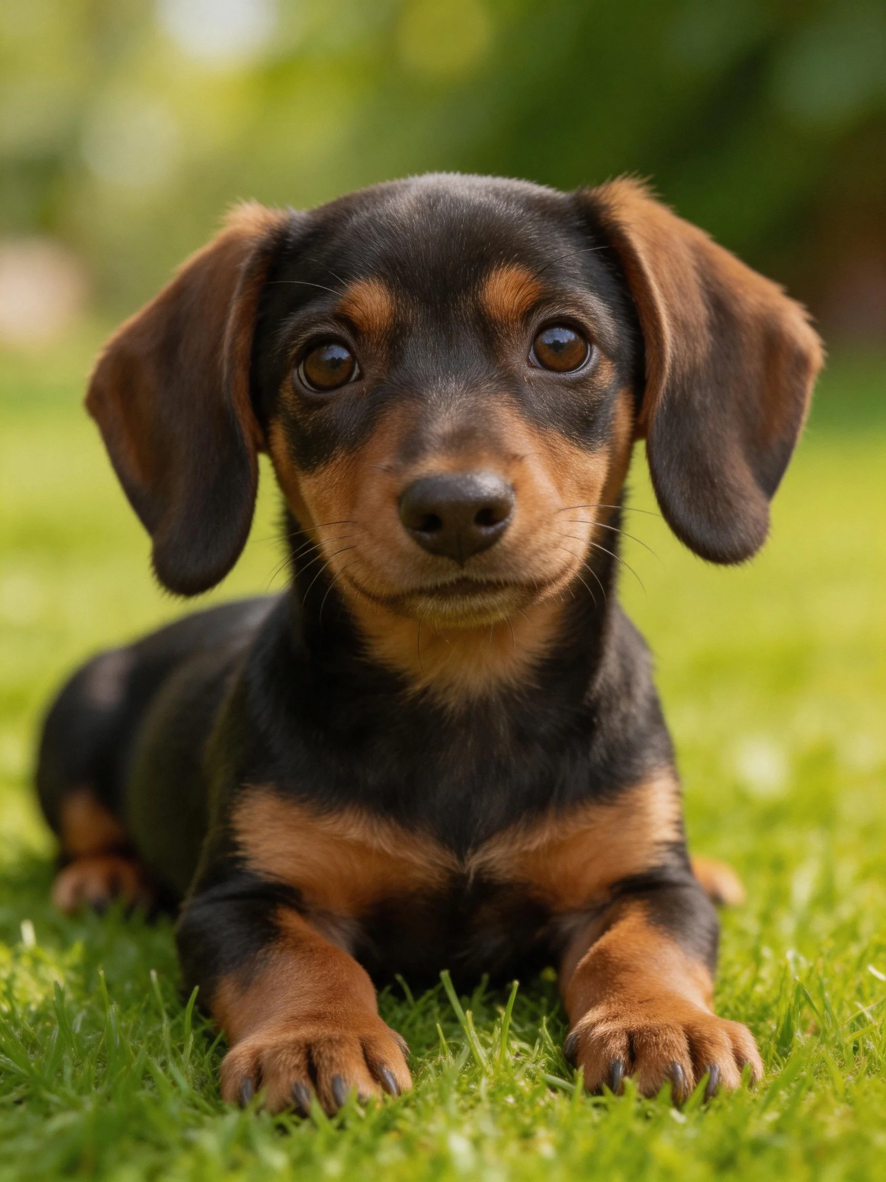 A small black and tan puppy calmly rests on green grass in an outdoor environment.