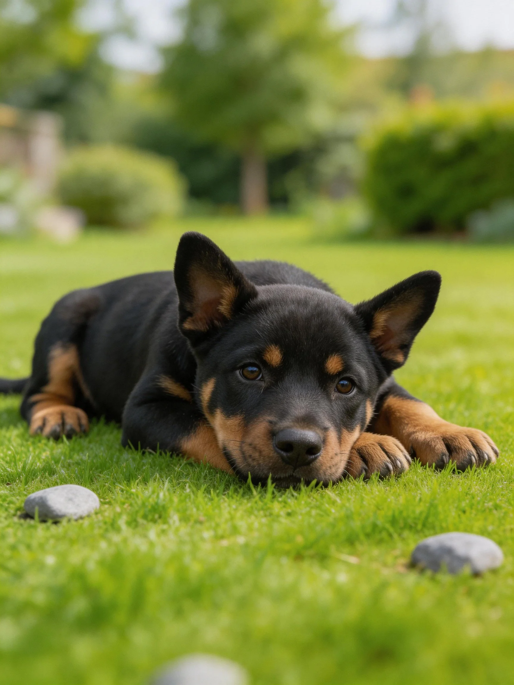 A black and tan puppy resting on vibrant green grass