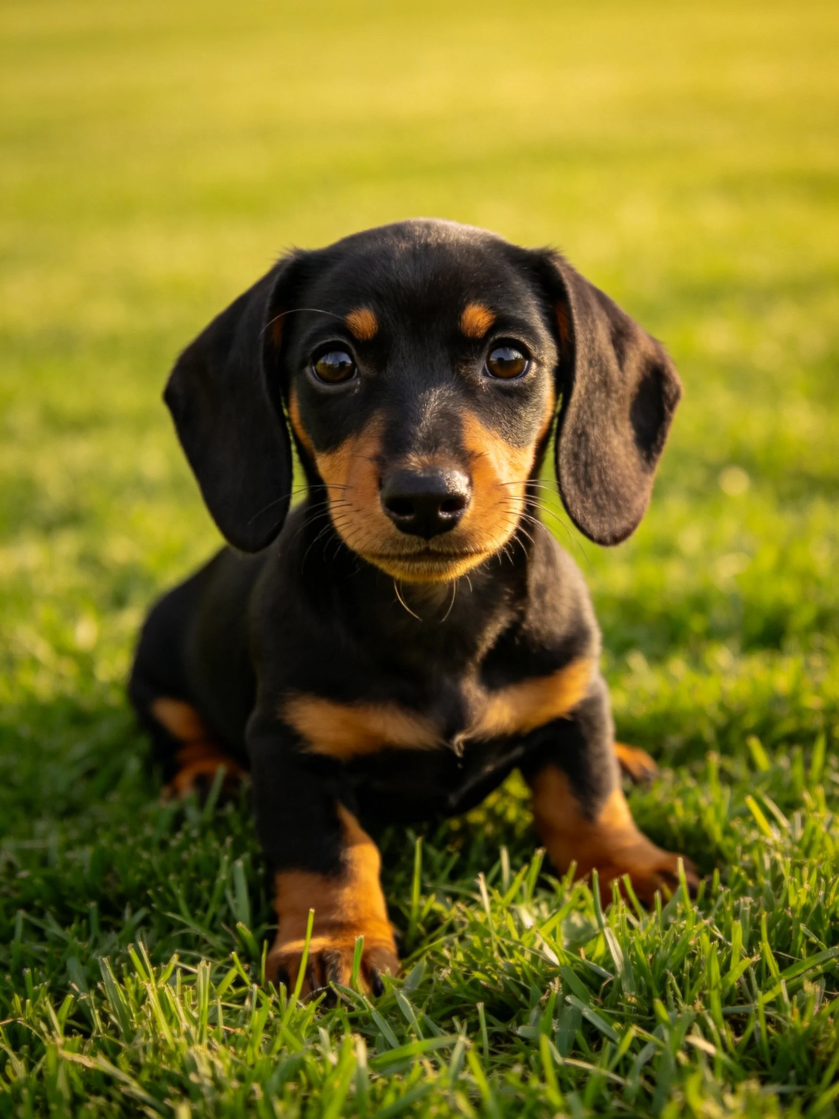 A small dog with black and tan coloring sits peacefully on lush grass.