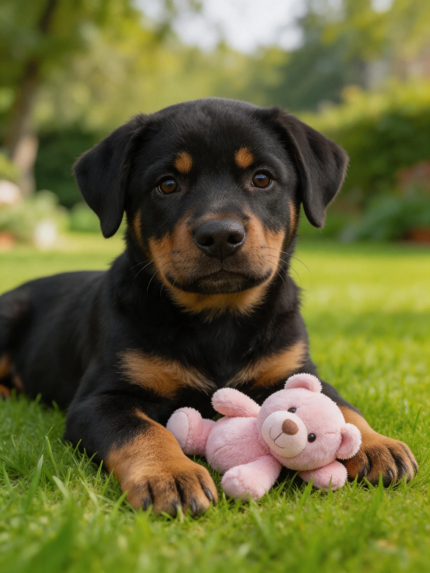 A black and tan puppy rests beside a pink stuffed bear on lush green grass