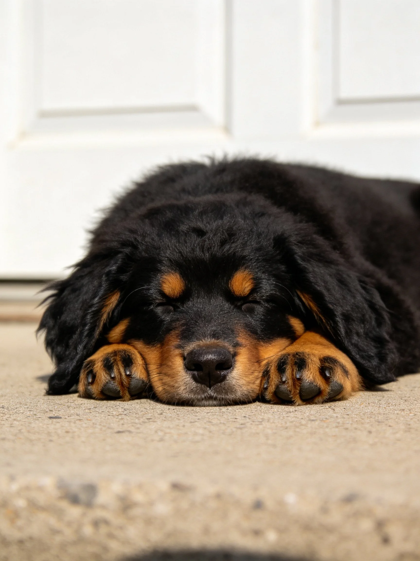 A black and tan puppy rests on a concrete surface near a white door