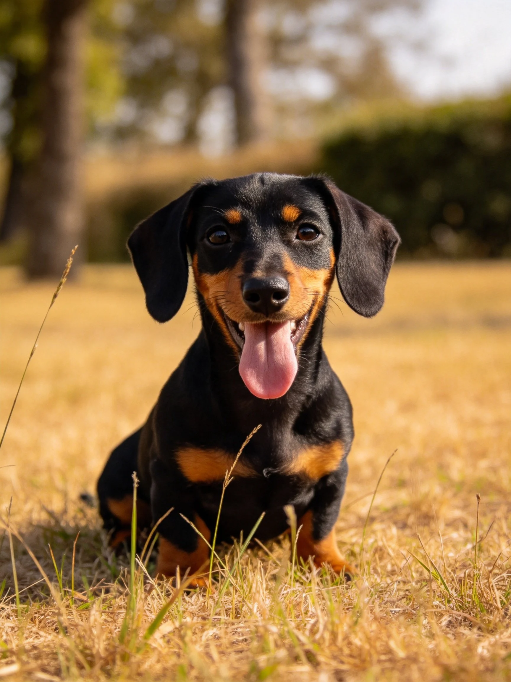 A black and tan puppy sits happily on golden grass