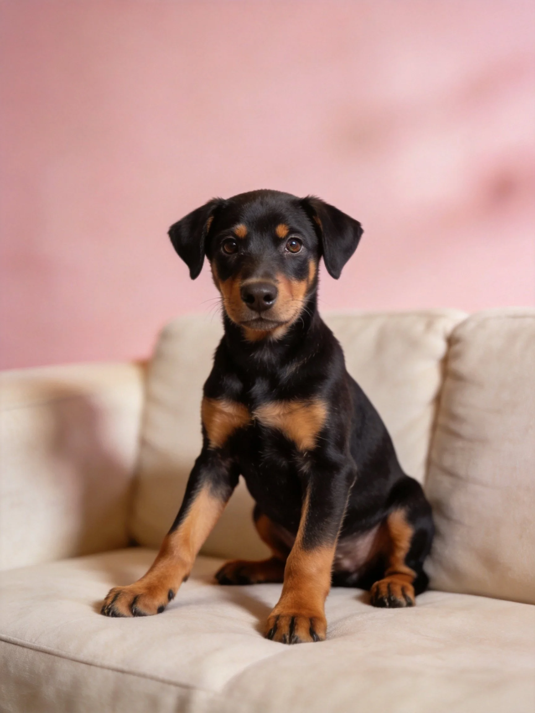 A black and tan puppy sits calmly on a beige couch beside a pink wall.