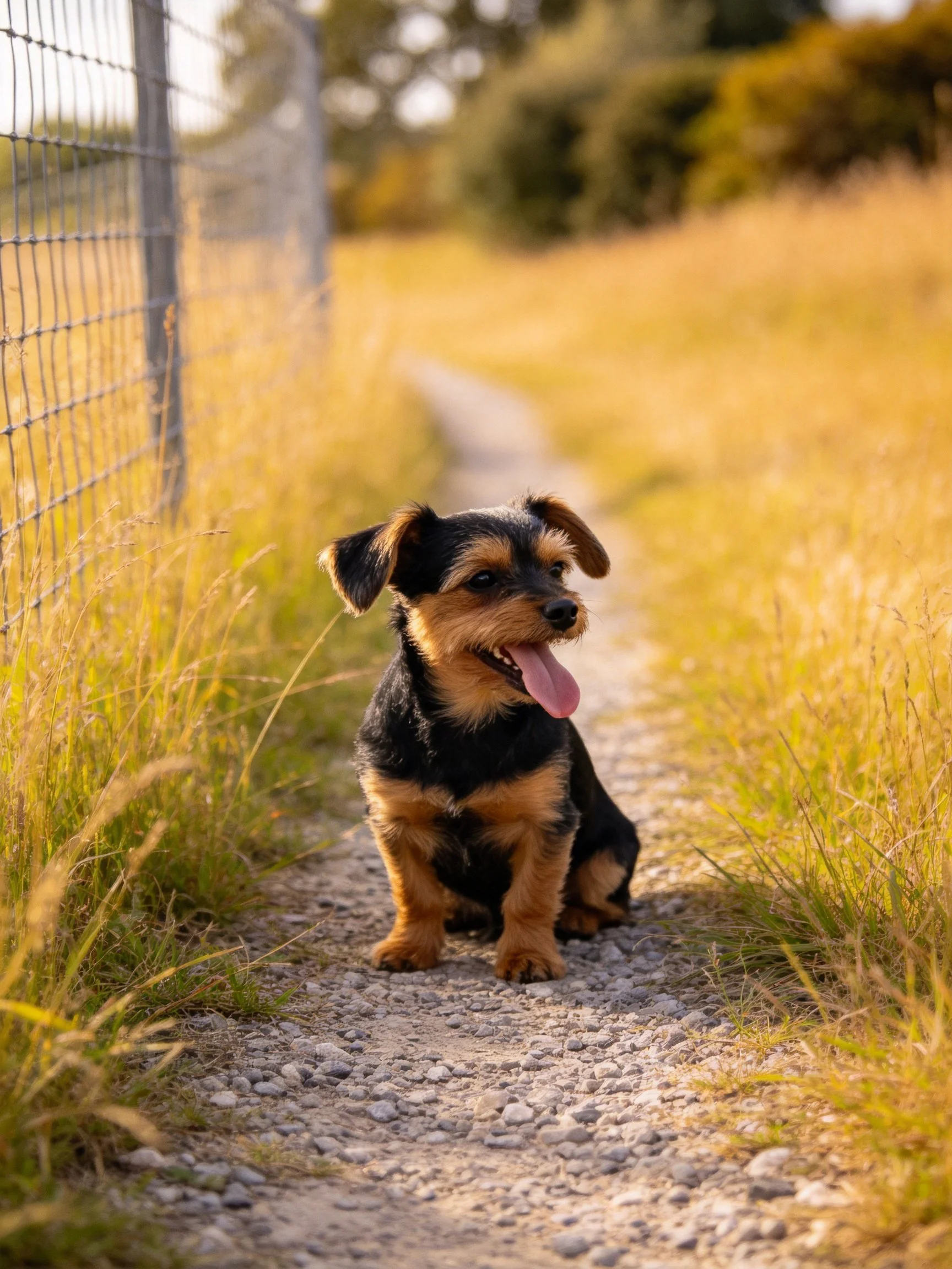 A small black and tan puppy sits on a gravel path surrounded by tall golden grass.