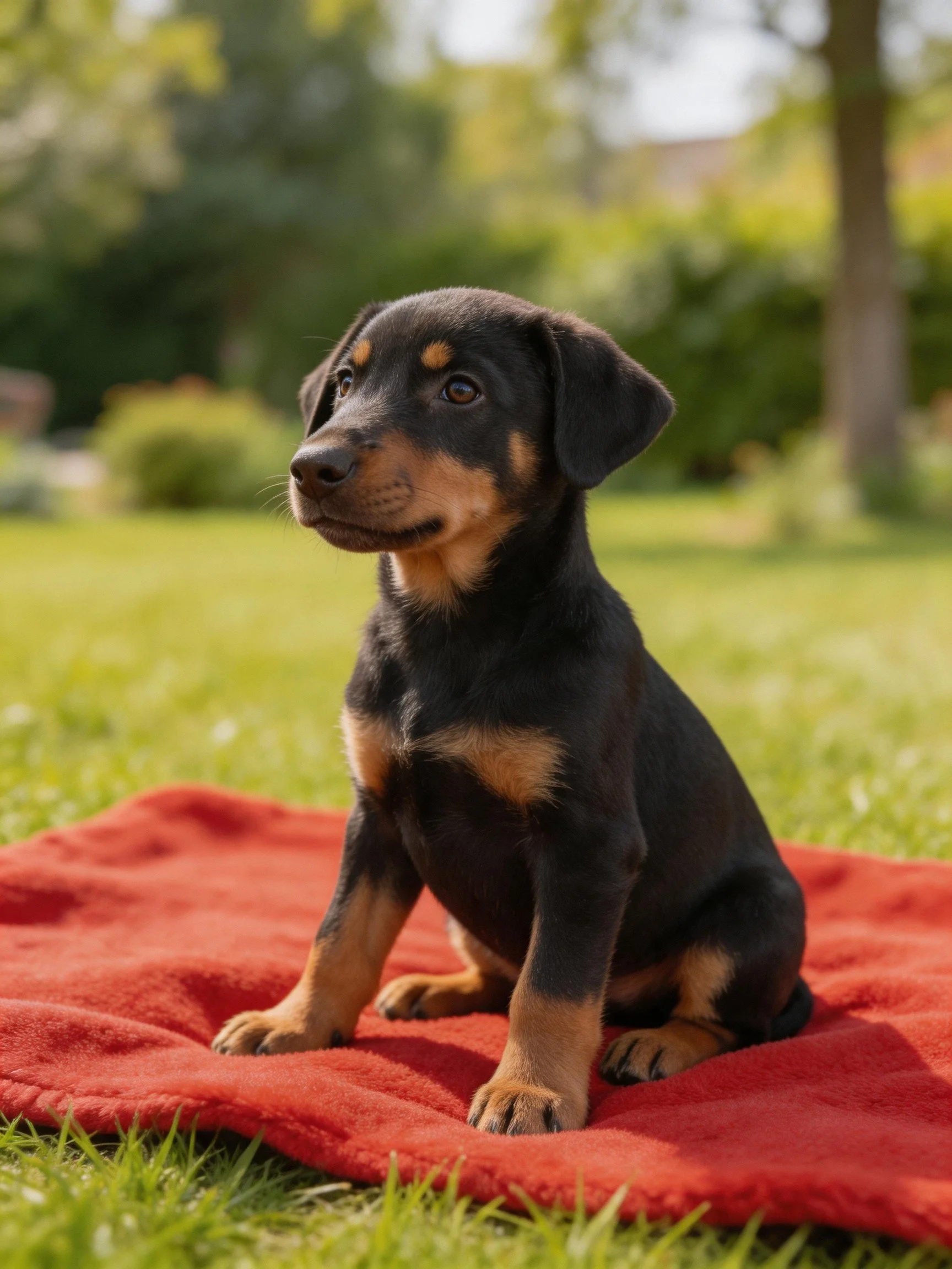 A black and tan puppy sits calmly on a red blanket in a sunlit garden.