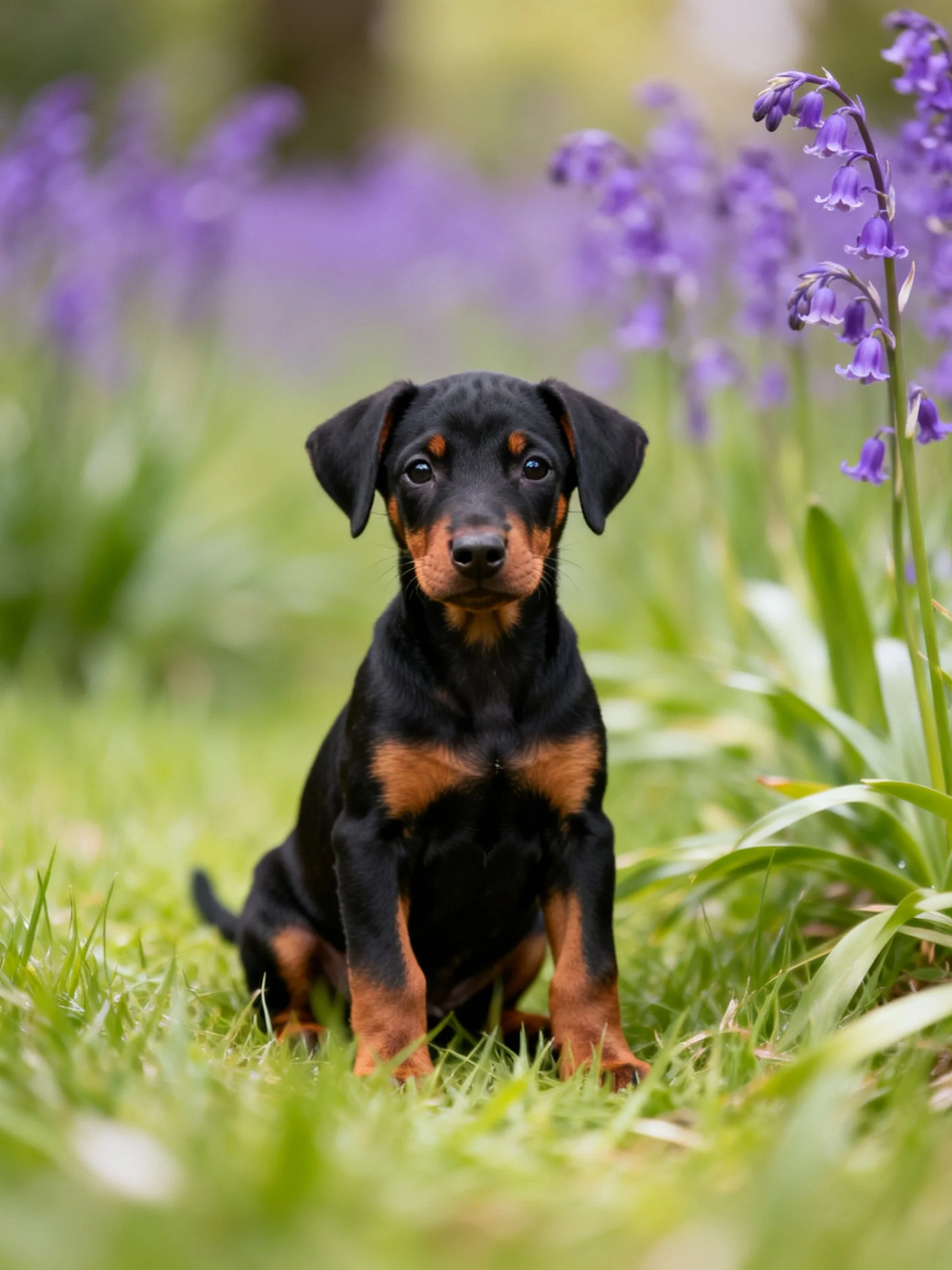 A young dog sits calmly amid blooming purple flowers in a grassy area.