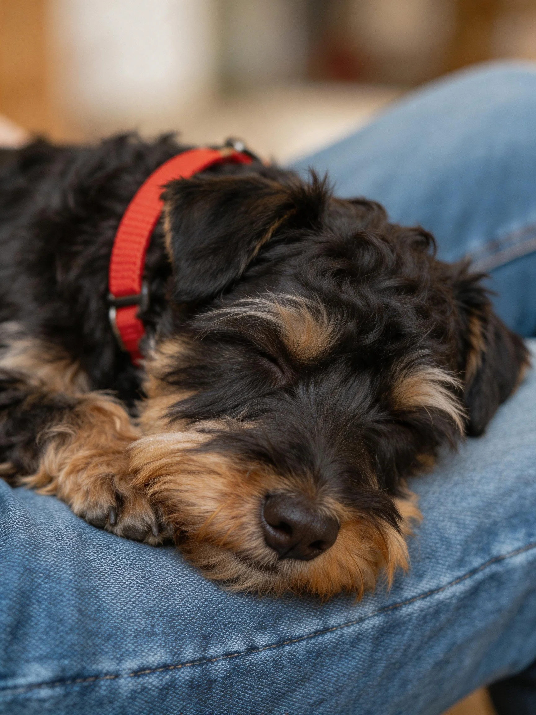 A black and tan puppy peacefully sleeps on someones blue denim jeans