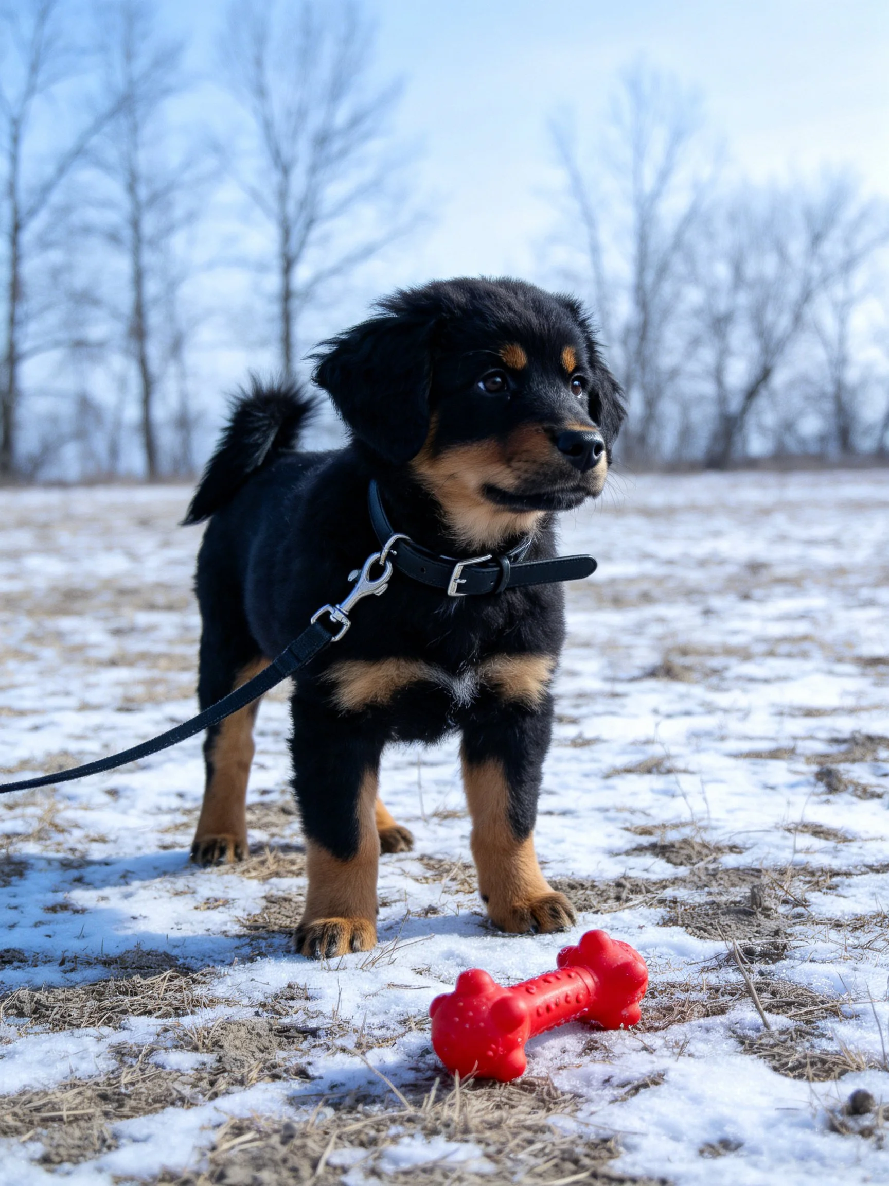 A black and tan puppy stands near a red toy on a partially snow - covered field.