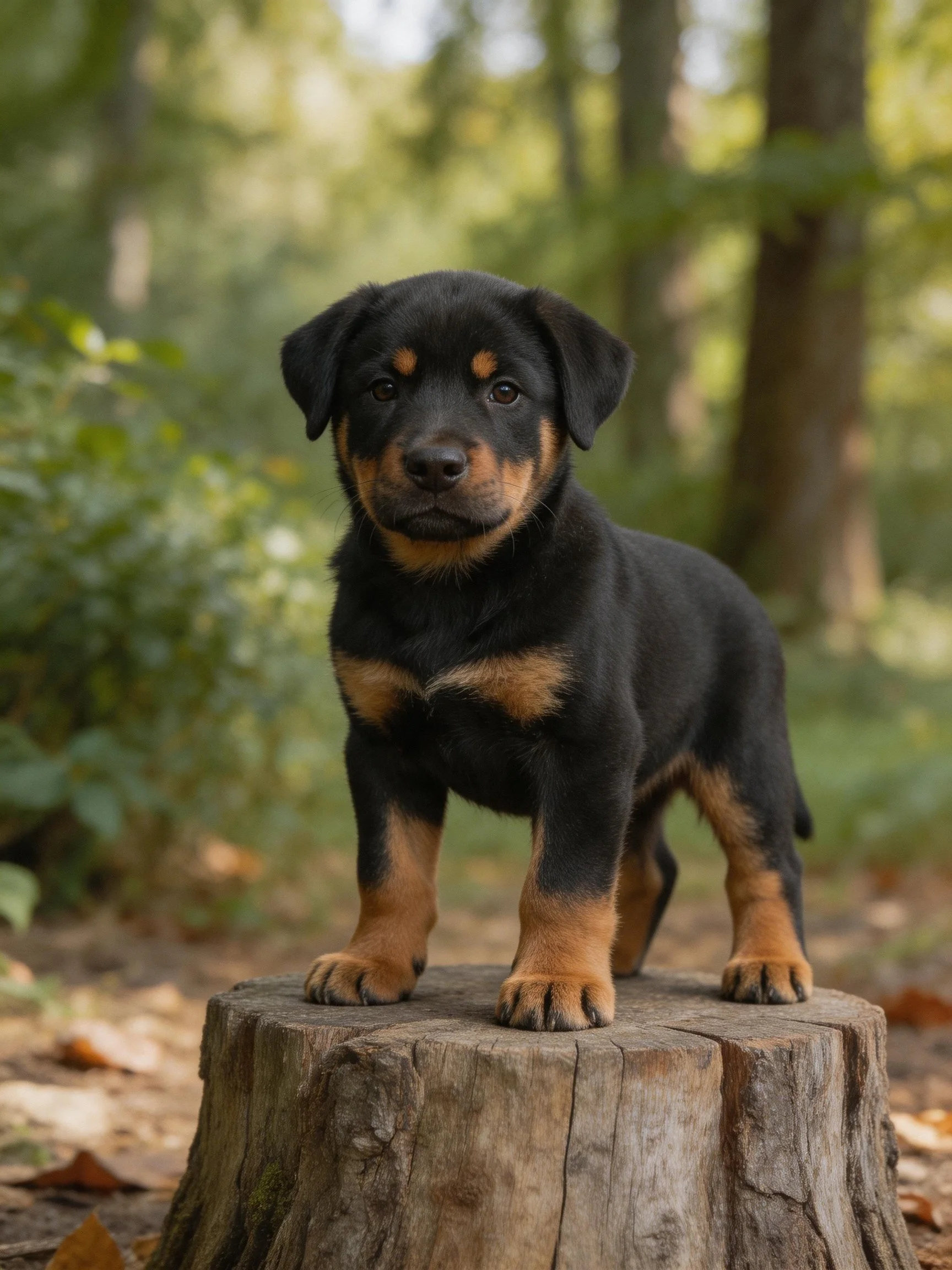 A small dog with black and tan fur stands on a tree stump in a forest.