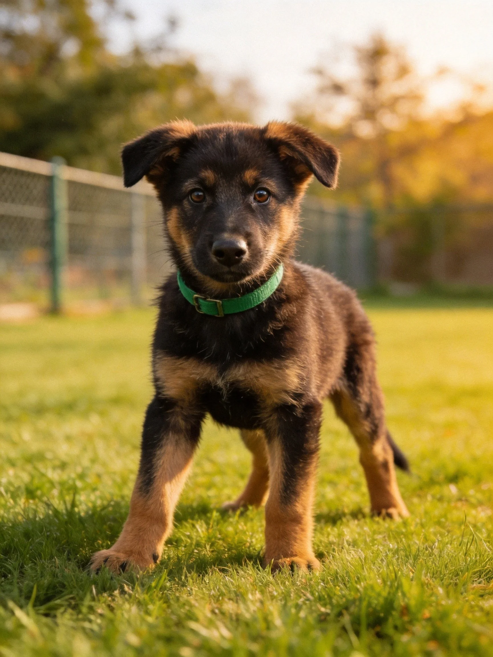 A young black and tan puppy stands on grass near a fence.