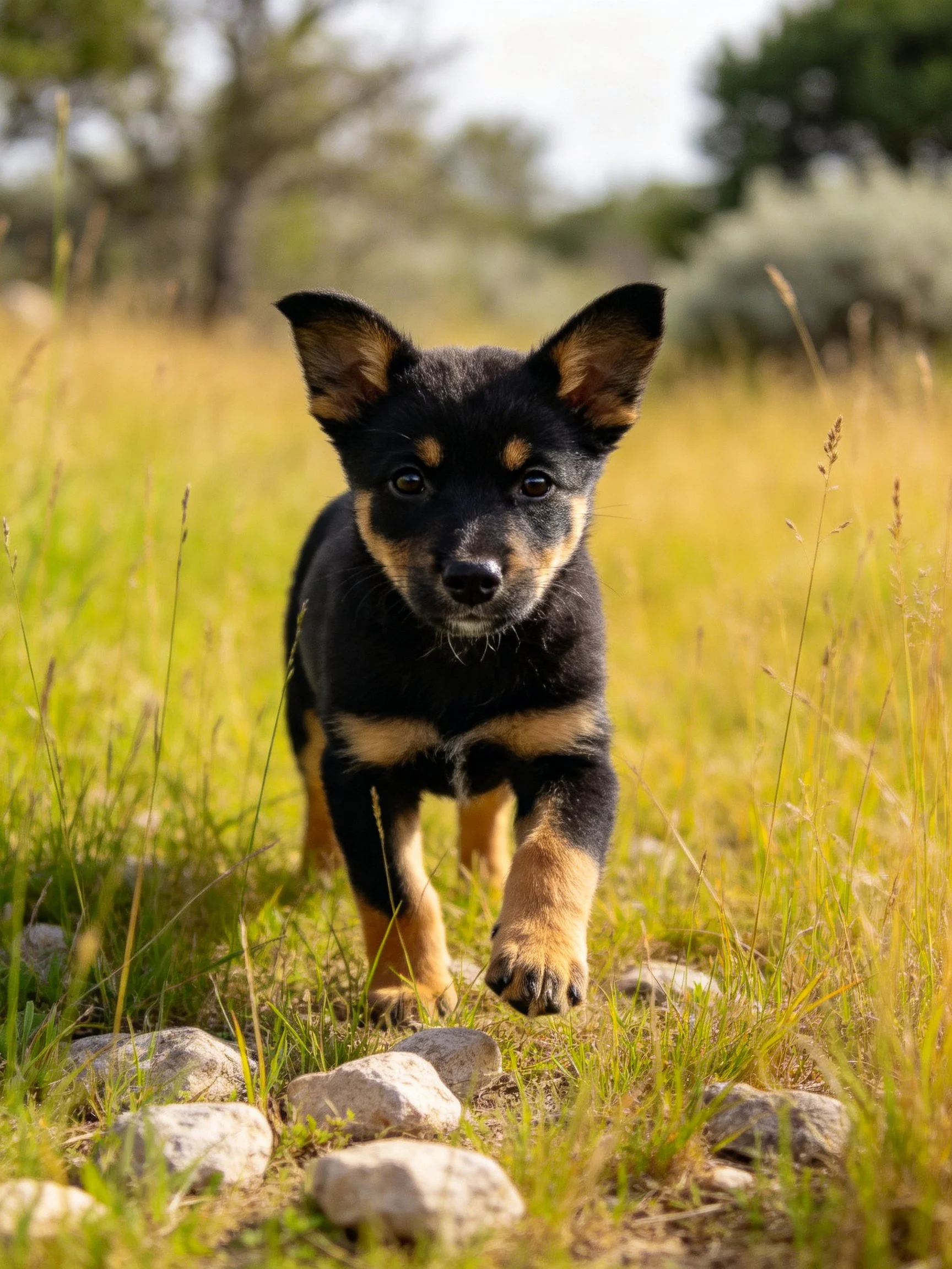A young black and tan dog approaches the viewer amid tall grass and scattered rocks.