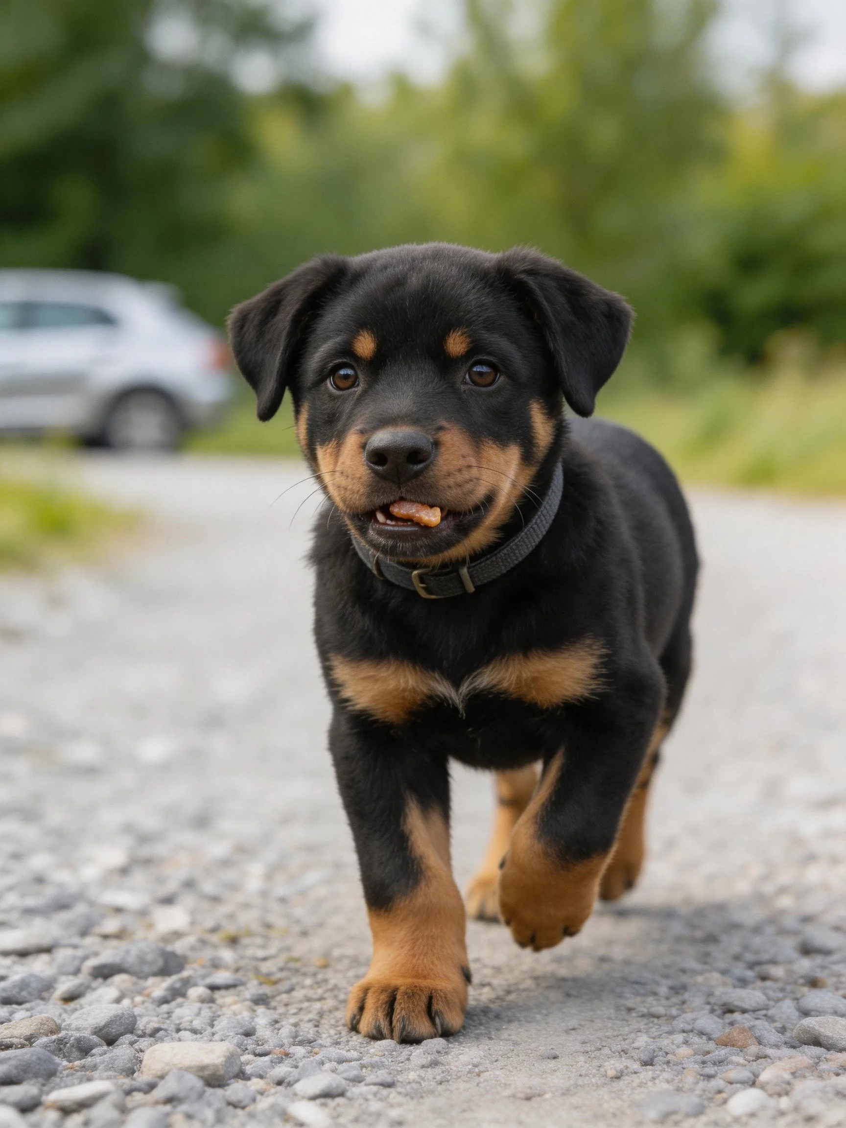 A black and tan puppy walks toward the camera on a gravel path