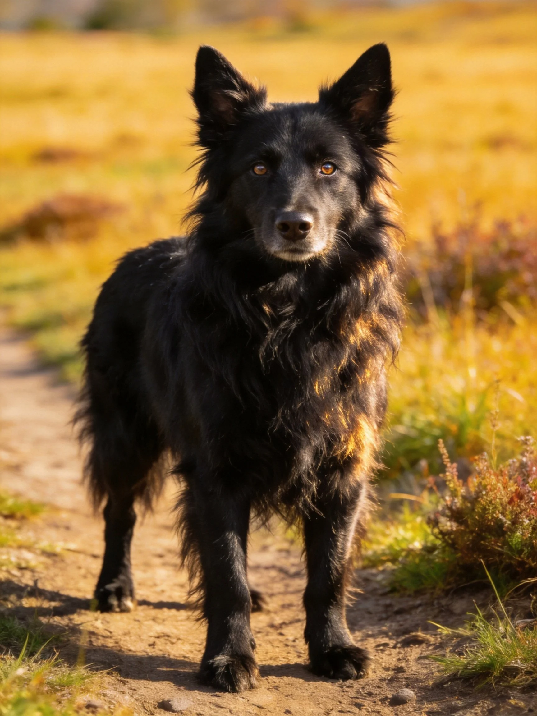 A shaggy black and tan dog stands alert on a dirt path surrounded by golden fields.