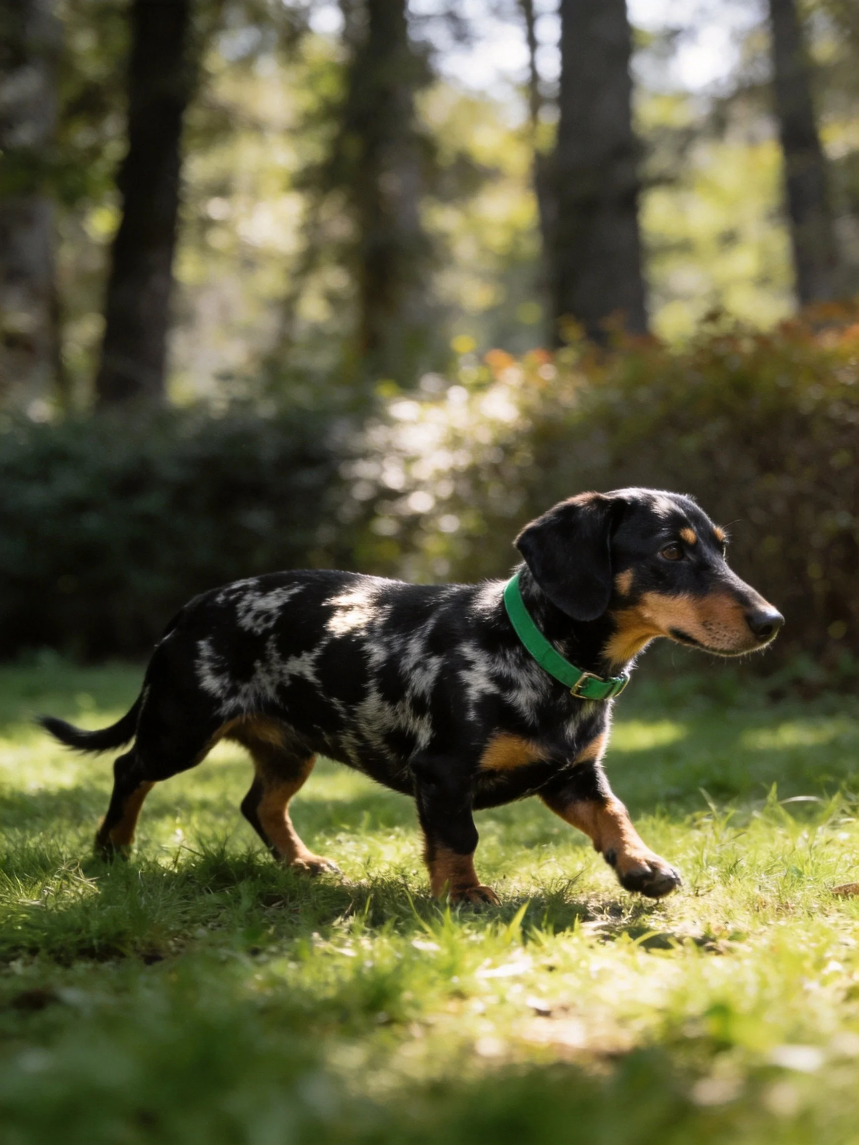 A spotted dachshund walks through sunlit grassy woods.
