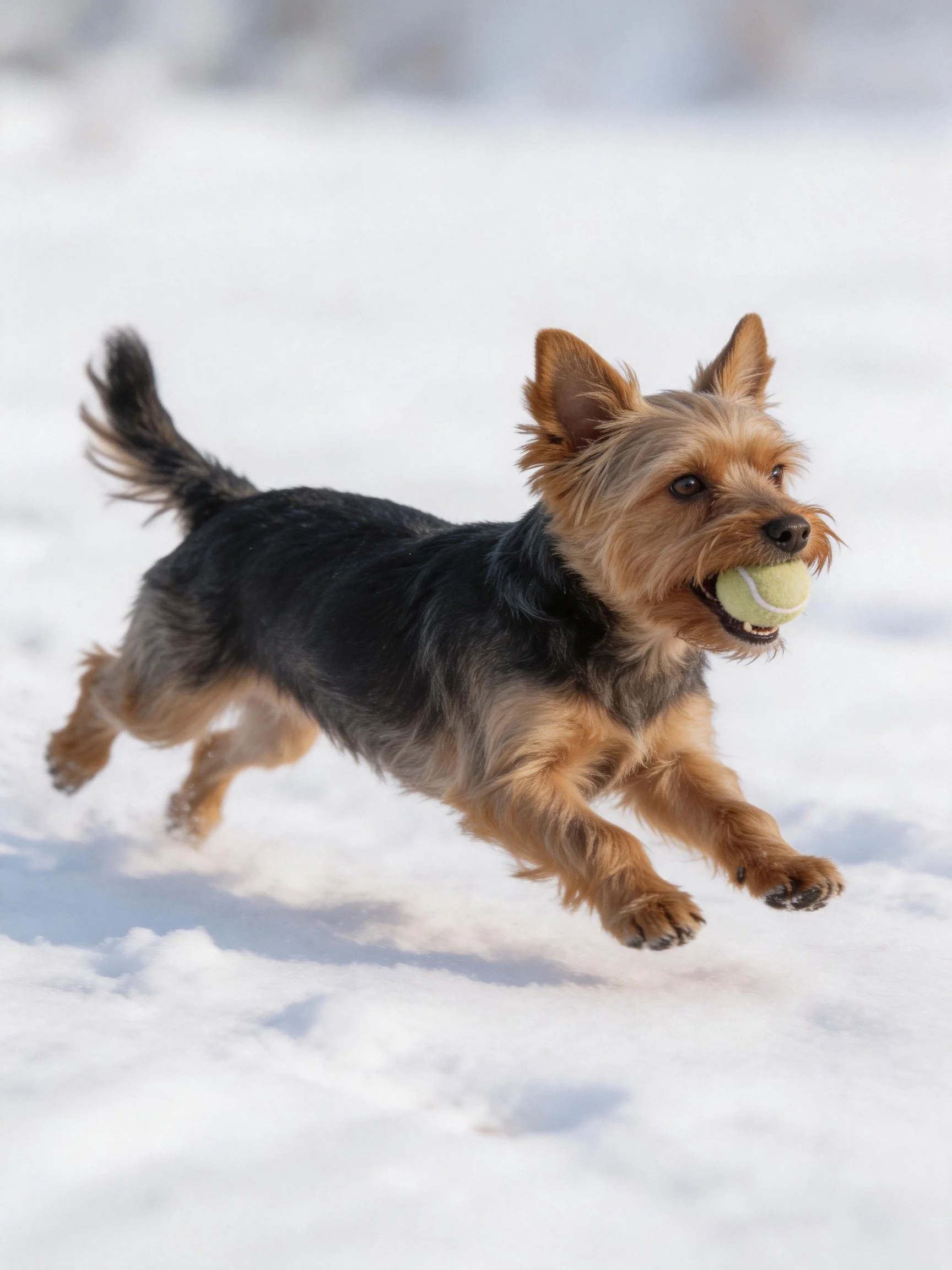 A small terrier carries a tennis ball while sprinting across the snow