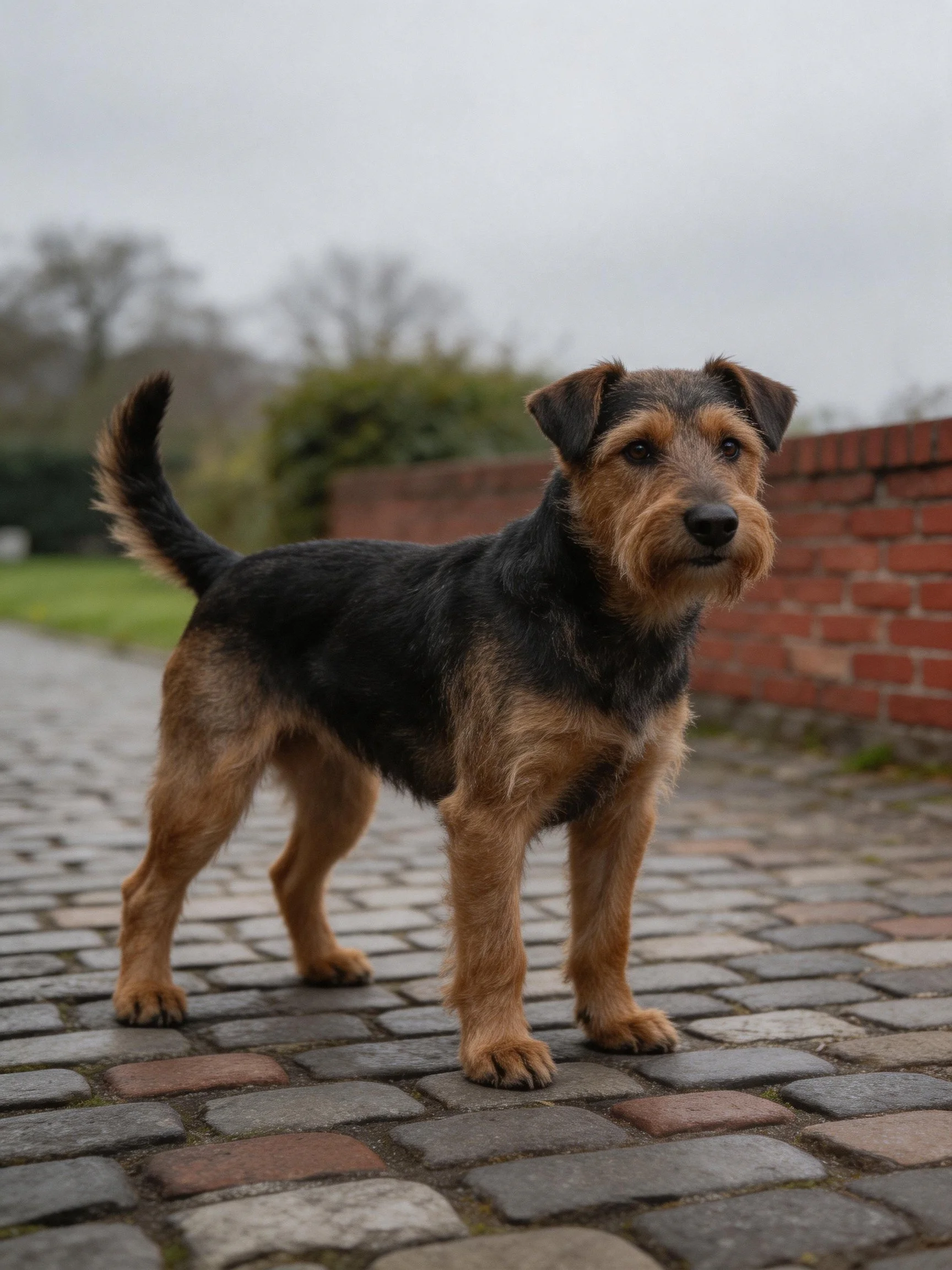 A black and tan terrier stands on cobblestone pavement beside a brick wall