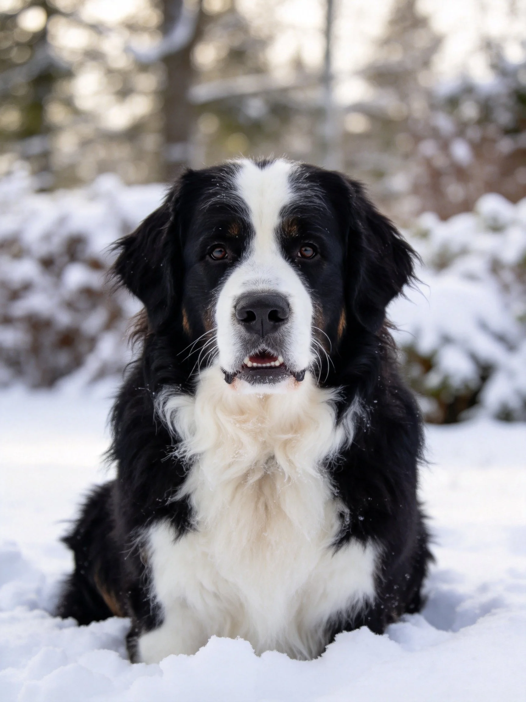A black and white Bernese Mountain Dog sits in a snowy landscape